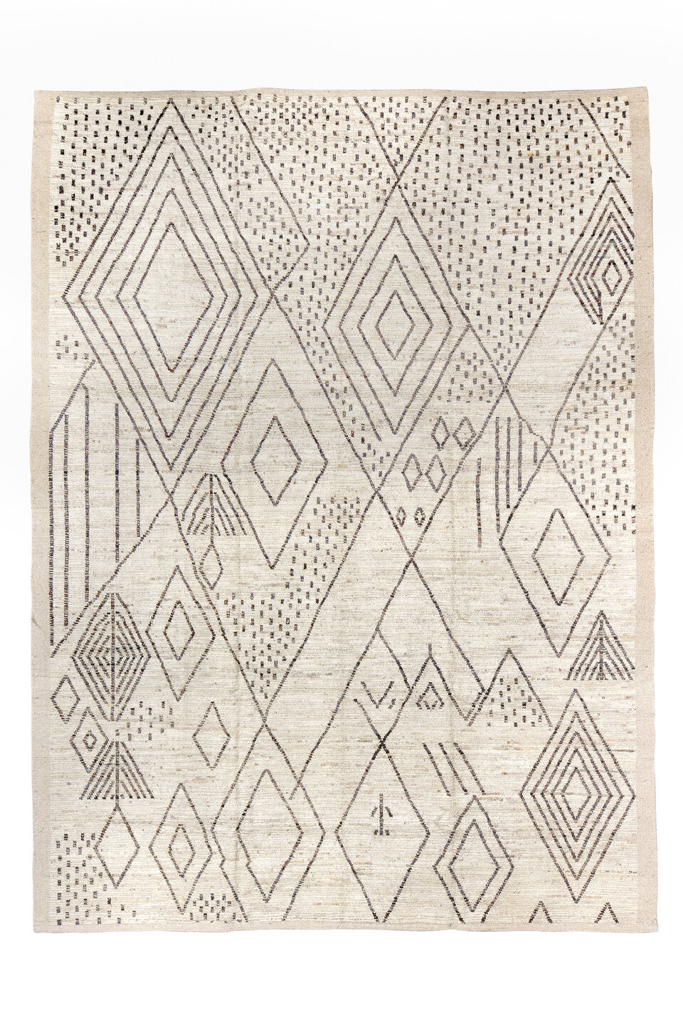 10' x 14' one-of-a-kind handmade vintage Tulu large size rug. Color palette: dark gray, gainsboro, gray, light gray, linen