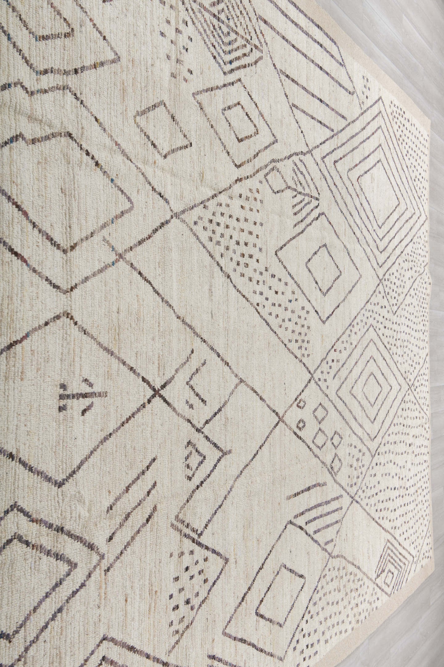 10' x 14' one-of-a-kind handmade vintage Tulu large size rug. Color palette: ivory, taupe, charcoal, brown, beige, gray