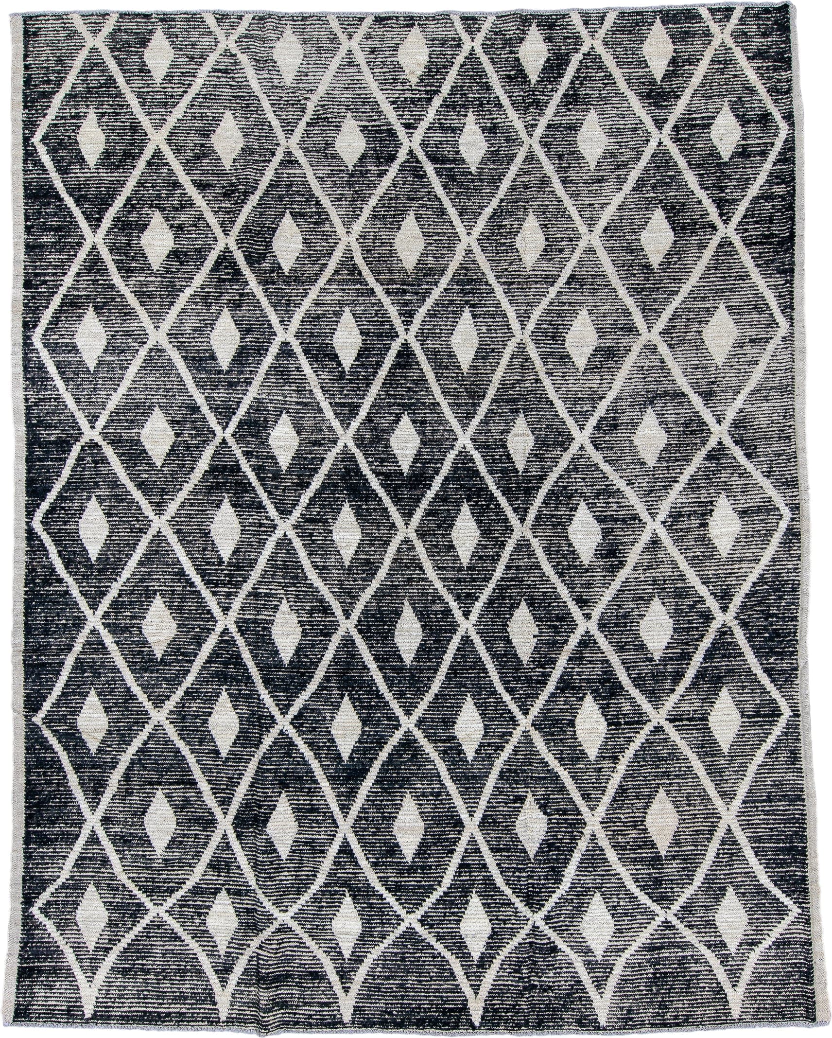 9' x 11' one-of-a-kind handmade vintage Tulu large size rug. Color palette: charcoal, ivory, gray, black