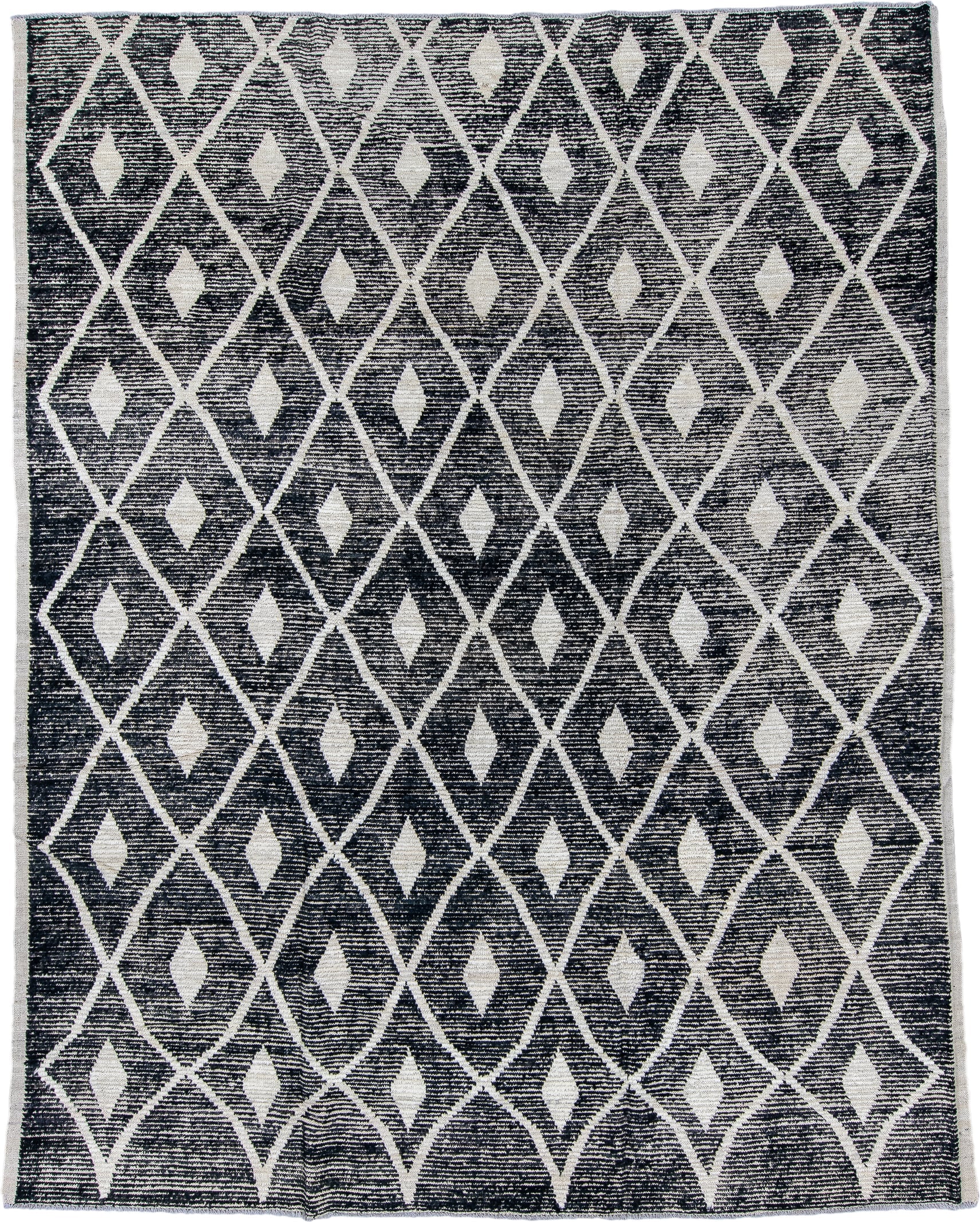 9' x 11' one-of-a-kind handmade vintage Tulu large size rug. Color palette: charcoal, ivory, gray, black