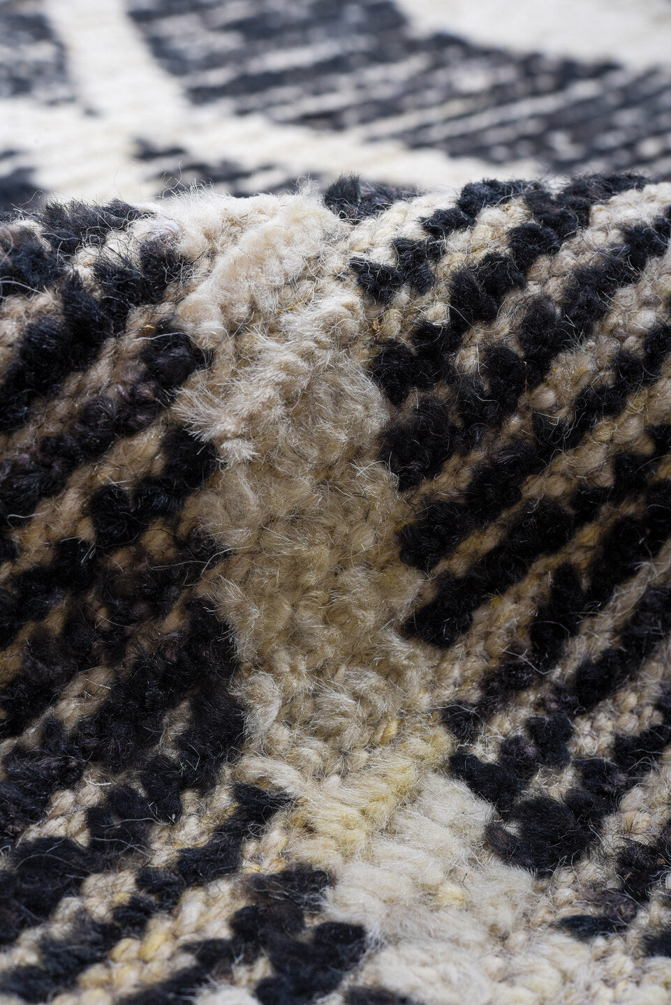 9' x 11' one-of-a-kind handmade vintage Tulu large size rug. Color palette: charcoal, ivory, gray, black