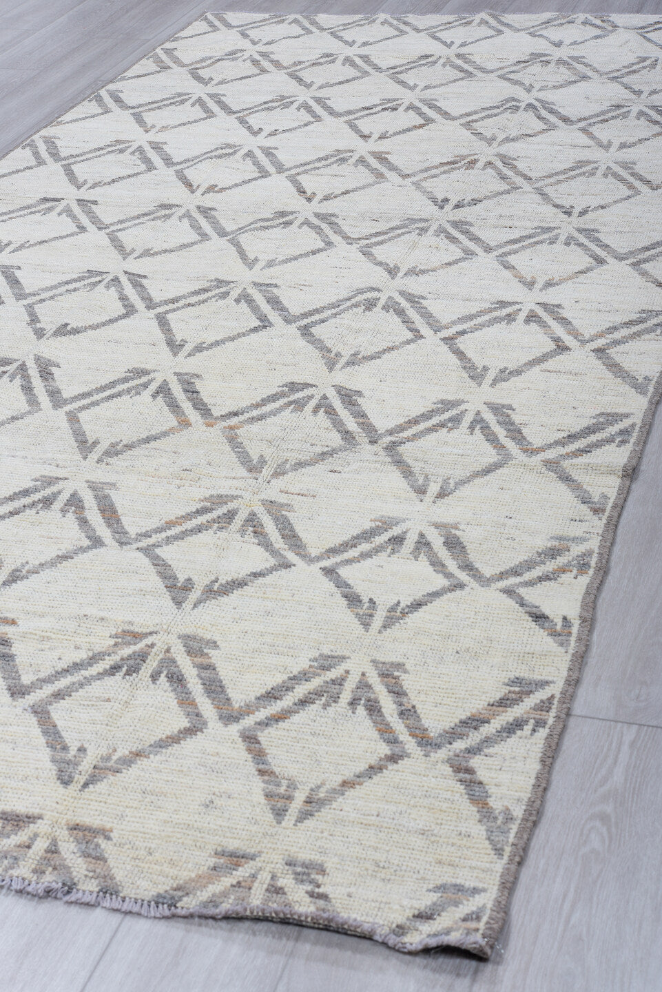 5' x 11' one-of-a-kind handmade vintage Tulu rug. Color palette: ivory, gray, taupe, beige
