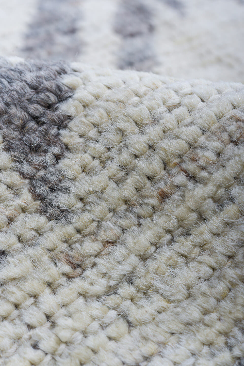 5' x 11' one-of-a-kind handmade vintage Tulu rug. Color palette: ivory, gray, taupe, beige