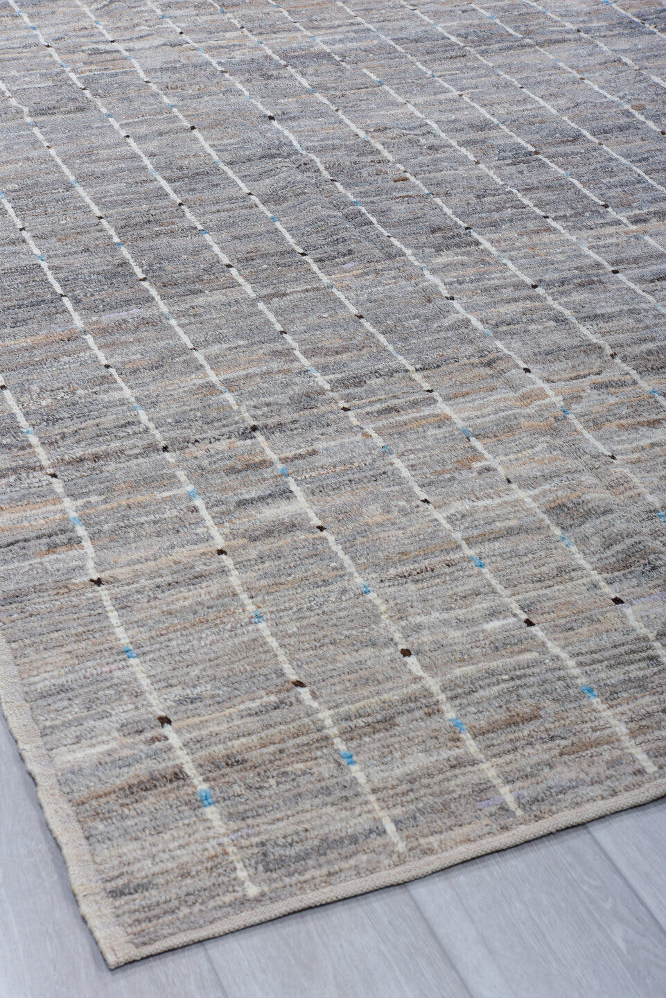 6' x 9' one-of-a-kind handmade vintage Tulu medium size rug. Color palette: gray, ivory, taupe, slate, charcoal, camel
