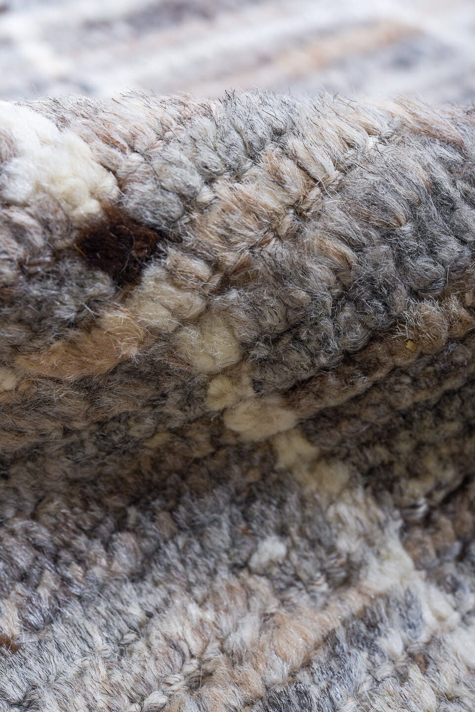 6' x 9' one-of-a-kind handmade vintage Tulu medium size rug. Color palette: gray, ivory, taupe, slate, charcoal, camel