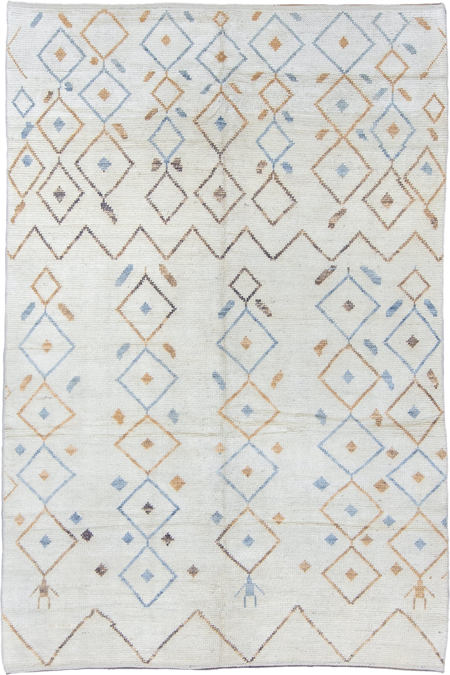 6' x 10' one-of-a-kind handmade vintage Tulu large size rug. Color palette: ivory, sky blue, camel, taupe, brown, light blue