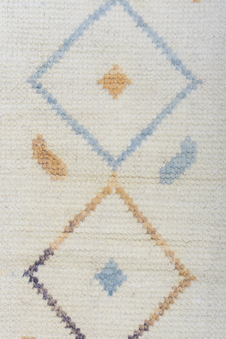 6' x 10' one-of-a-kind handmade vintage Tulu large size rug. Color palette: ivory, sky blue, camel, taupe, brown, light blue