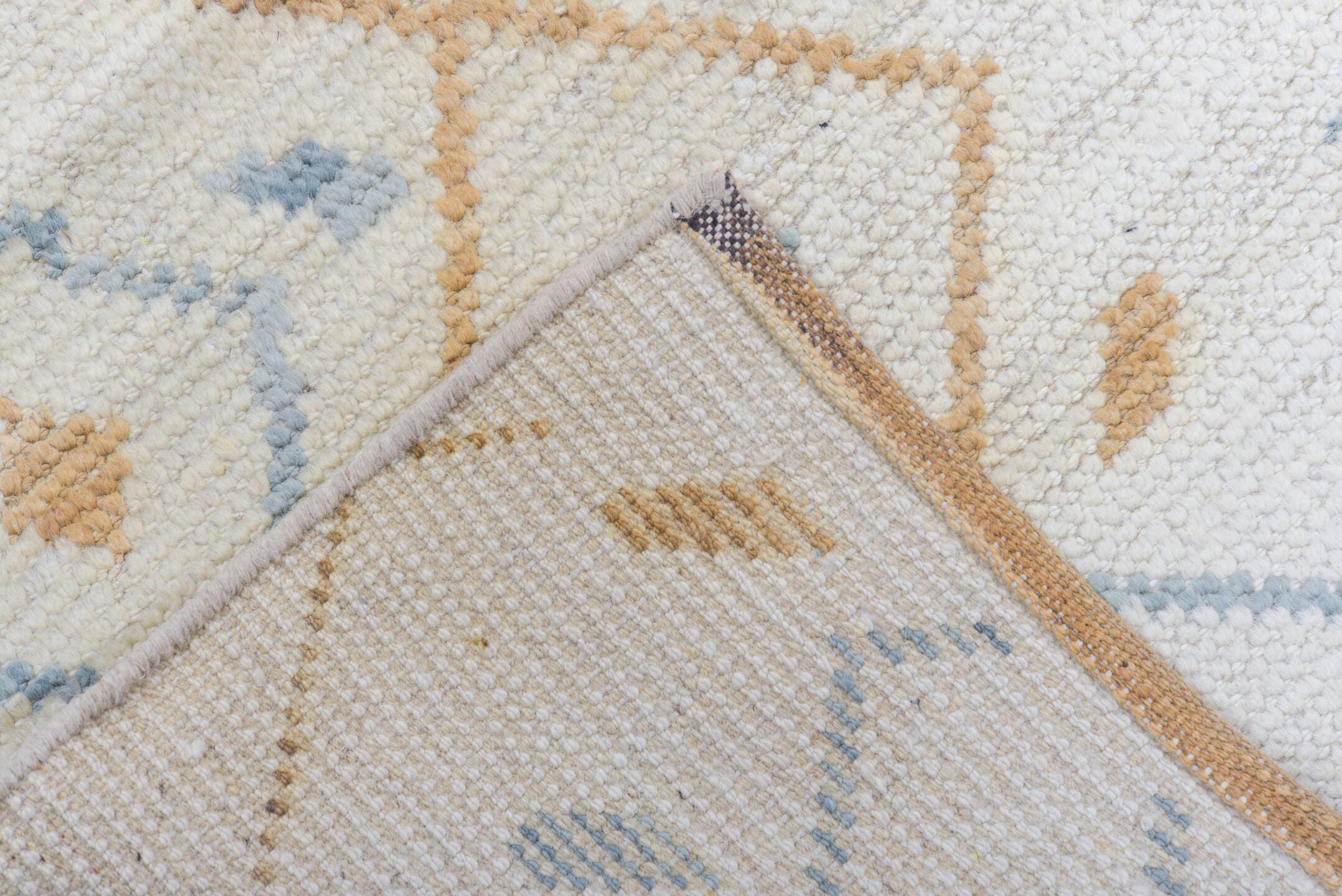 6' x 10' one-of-a-kind handmade vintage Tulu large size rug. Color palette: ivory, sky blue, camel, taupe, brown, light blue