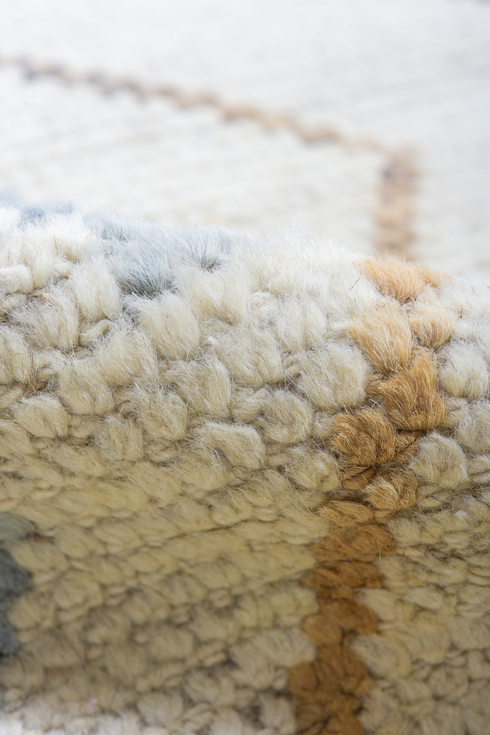 6' x 10' one-of-a-kind handmade vintage Tulu large size rug. Color palette: ivory, sky blue, camel, taupe, brown, light blue