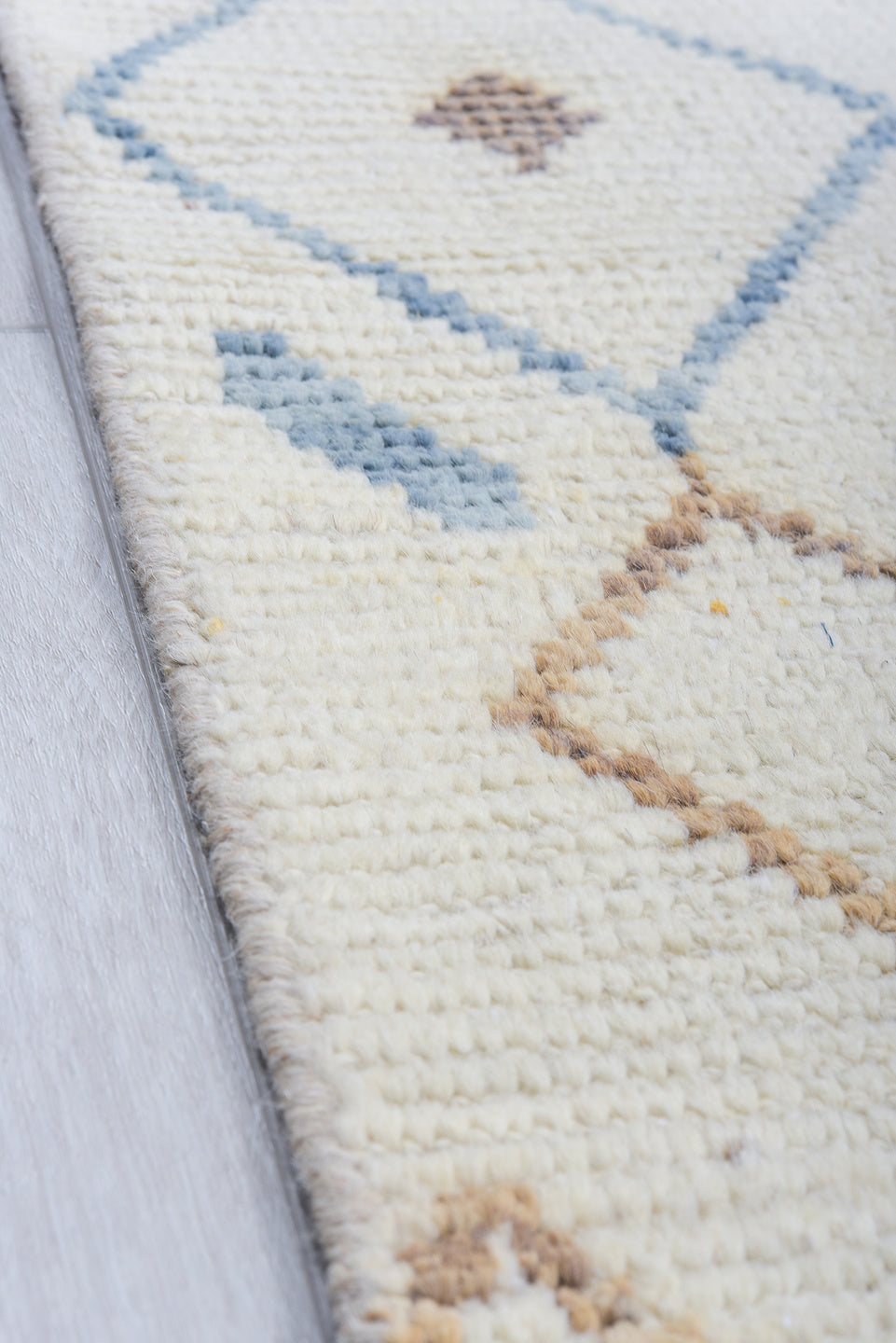 6' x 10' one-of-a-kind handmade vintage Tulu large size rug. Color palette: ivory, sky blue, camel, taupe, brown, light blue