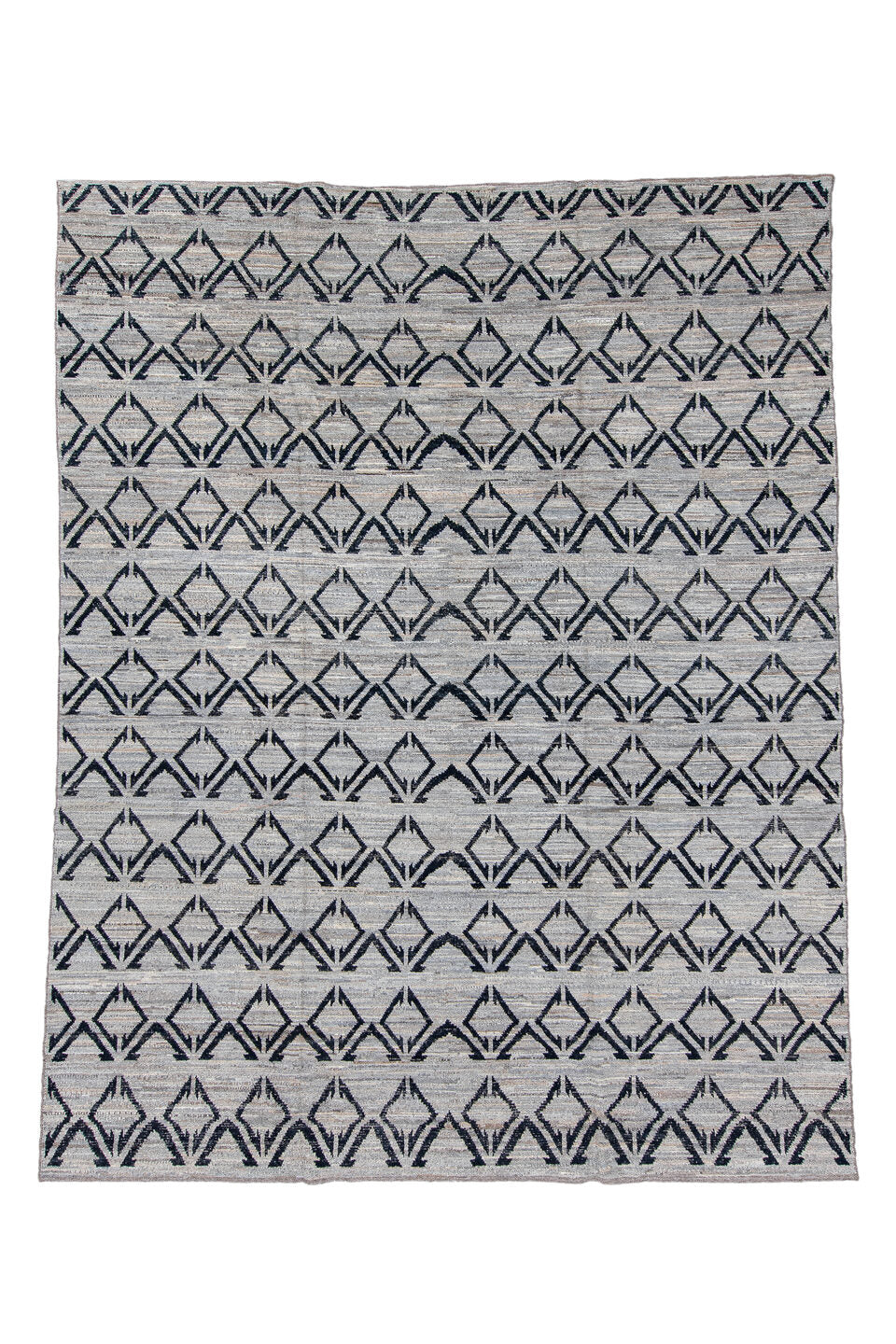 9' x 11' one-of-a-kind handmade vintage Tulu large size rug. Color palette: black, blue, dark gray, fiord, gainsboro, gray
