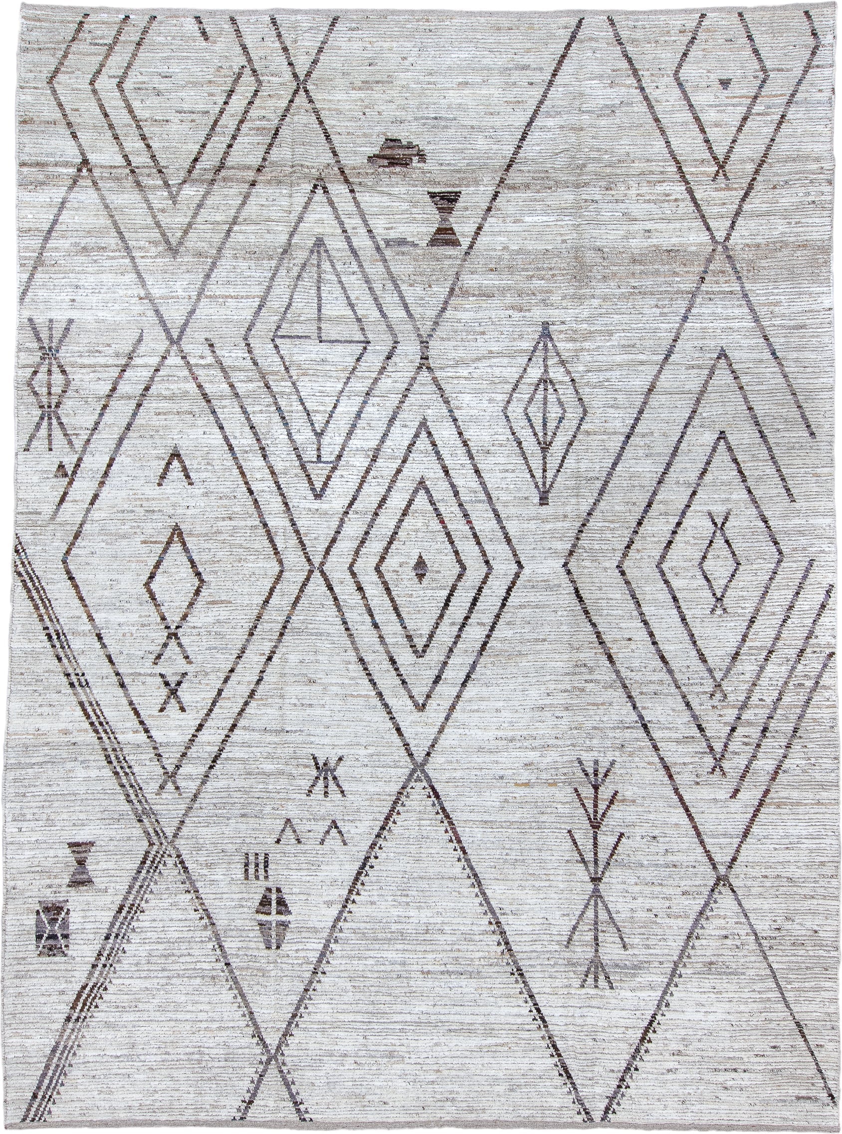 10' x 14' one-of-a-kind handmade vintage Tulu large size rug. Color palette: ivory, taupe, brown, charcoal, beige, gray