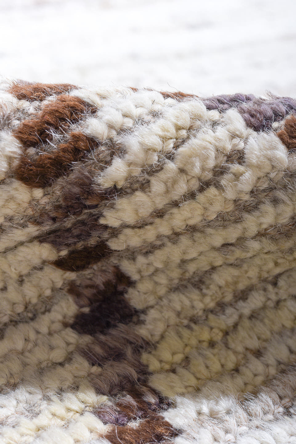 10' x 14' one-of-a-kind handmade vintage Tulu large size rug. Color palette: ivory, taupe, brown, charcoal, beige, gray
