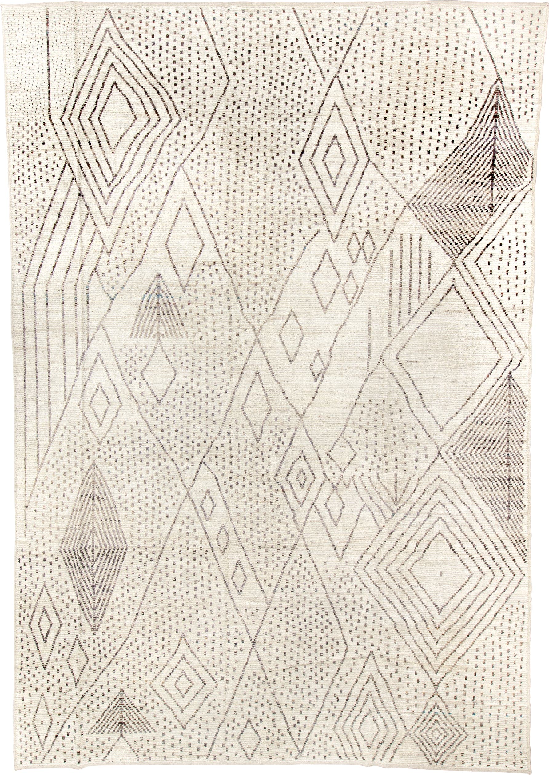 11' x 17' one-of-a-kind handmade vintage Tulu oversize rug. Color palette: ivory, charcoal, taupe, cream, gray, black, beige