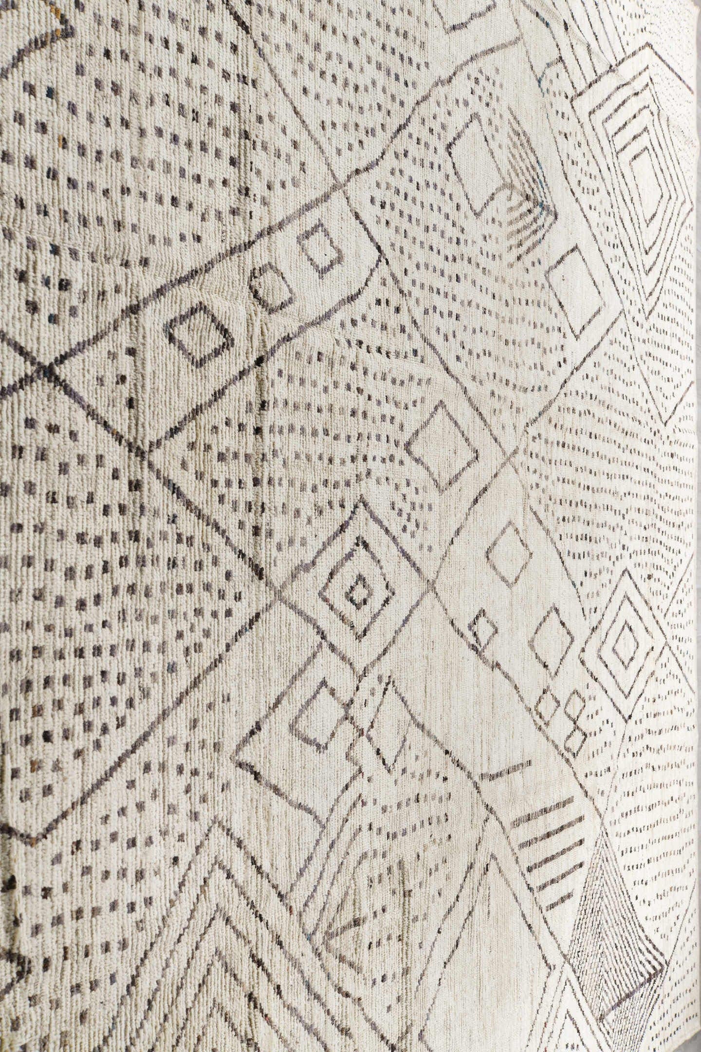 11' x 17' one-of-a-kind handmade vintage Tulu oversize rug. Color palette: ivory, charcoal, taupe, cream, gray, black, beige