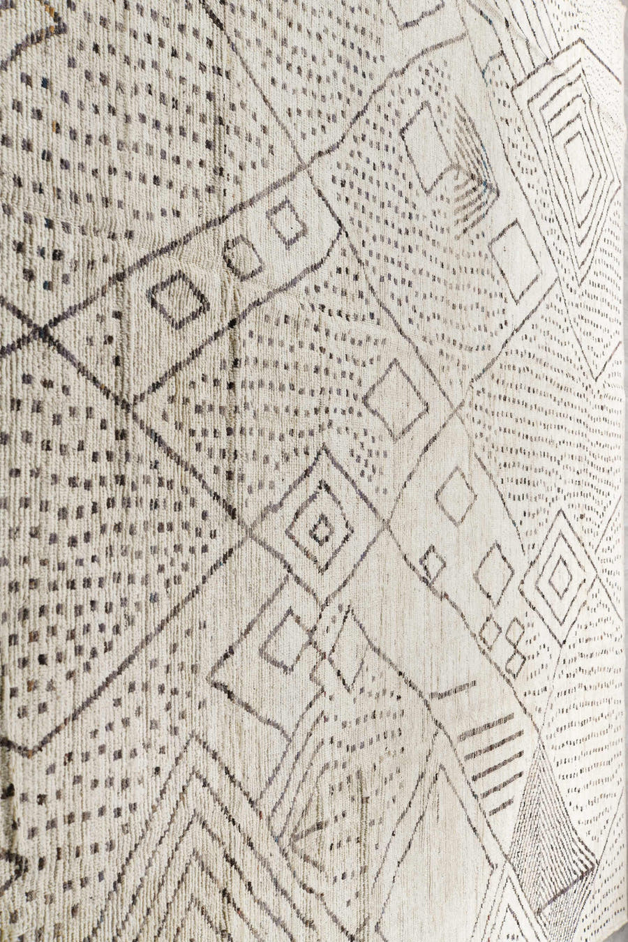 11' x 17' one-of-a-kind handmade vintage Tulu oversize rug. Color palette: ivory, charcoal, taupe, cream, gray, black, beige