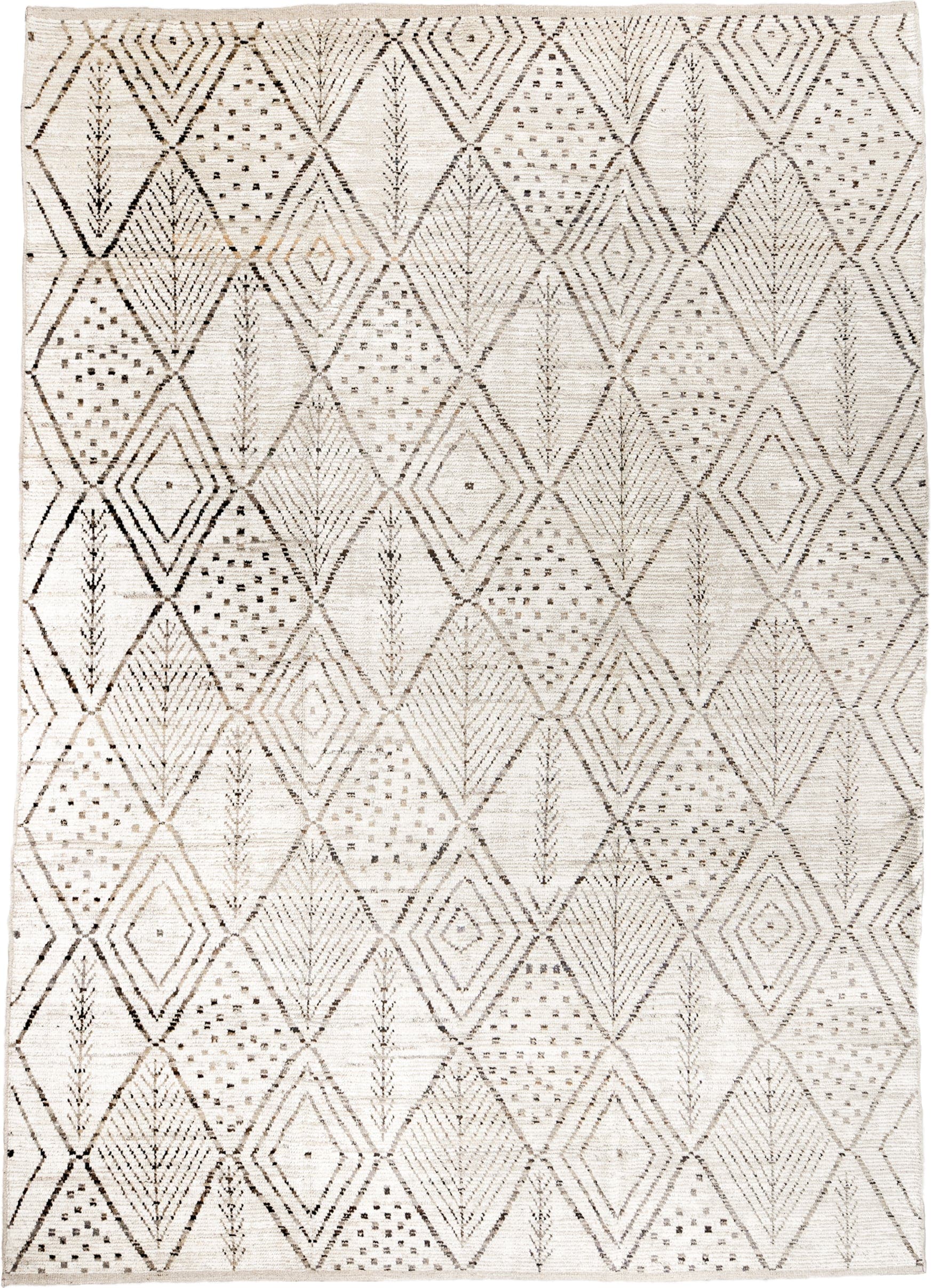 10' x 14' one-of-a-kind handmade vintage Tulu large size rug. Color palette: ivory, taupe, charcoal, cream, beige, gray