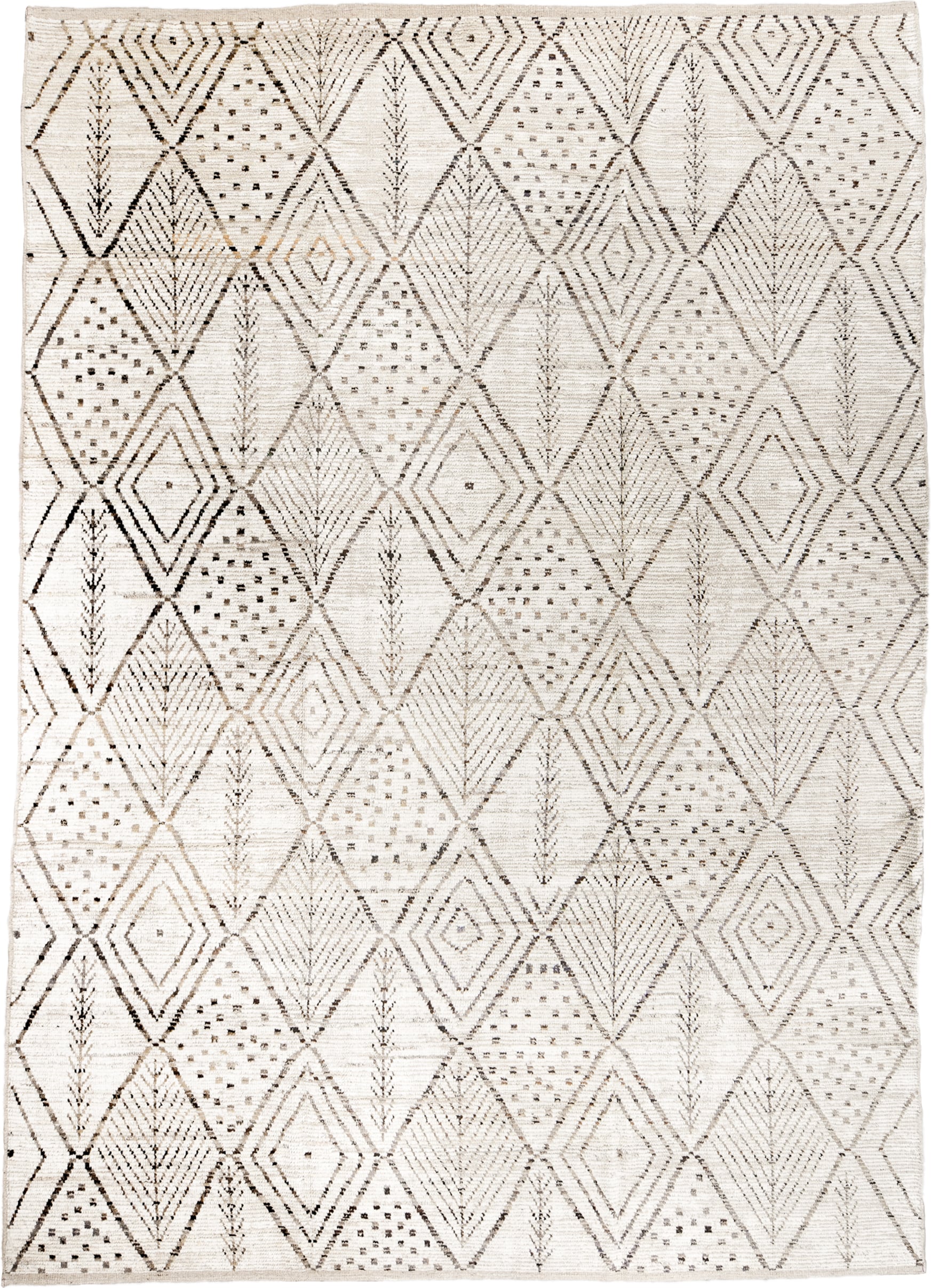 10' x 14' one-of-a-kind handmade vintage Tulu large size rug. Color palette: ivory, taupe, charcoal, cream, beige, gray