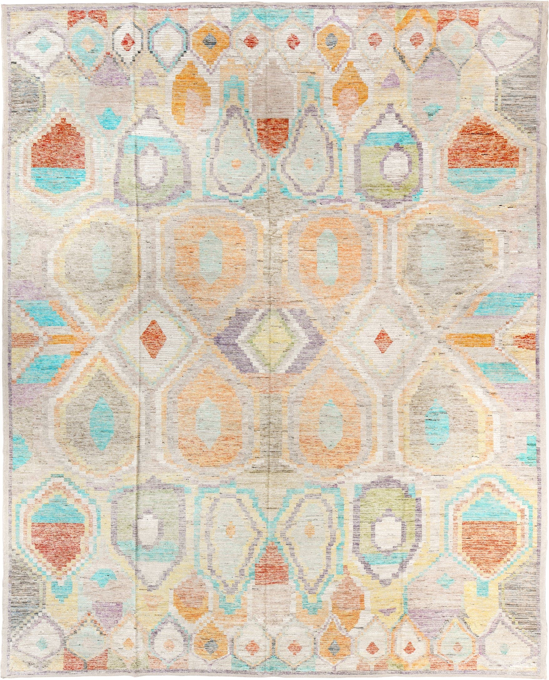 13' x 16' one-of-a-kind handmade vintage Tulu oversize rug. Color palette: ivory, aqua, apricot, lavender, taupe, coral