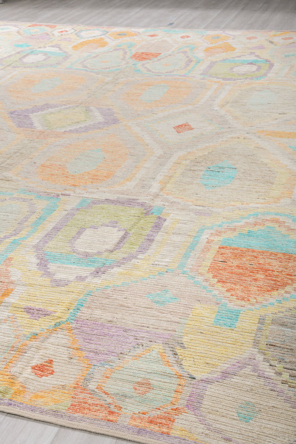13' x 16' one-of-a-kind handmade vintage Tulu oversize rug. Color palette: ivory, aqua, apricot, lavender, taupe, coral