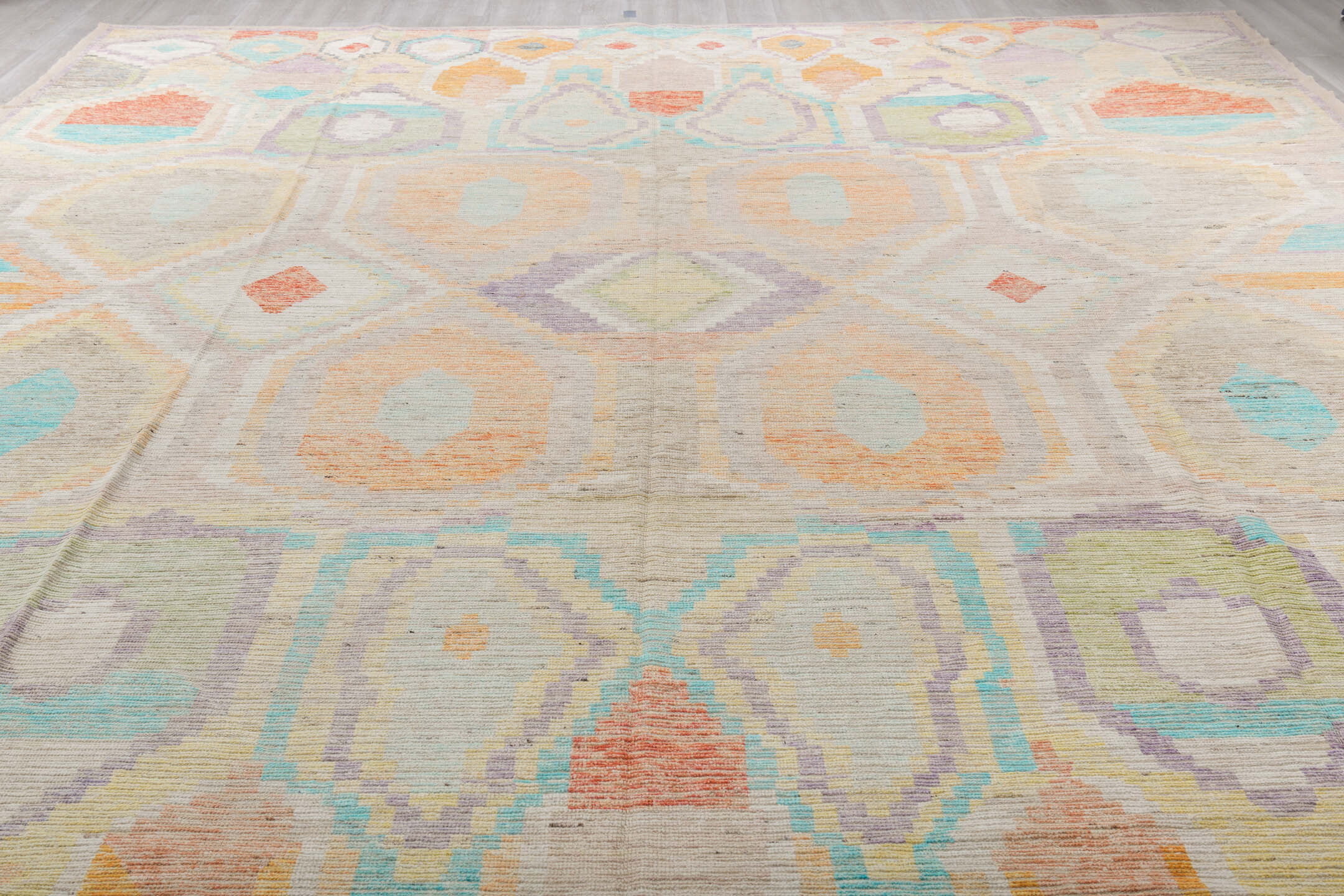 13' x 16' one-of-a-kind handmade vintage Tulu oversize rug. Color palette: blue, brown, cadet blue, gainsboro, gray