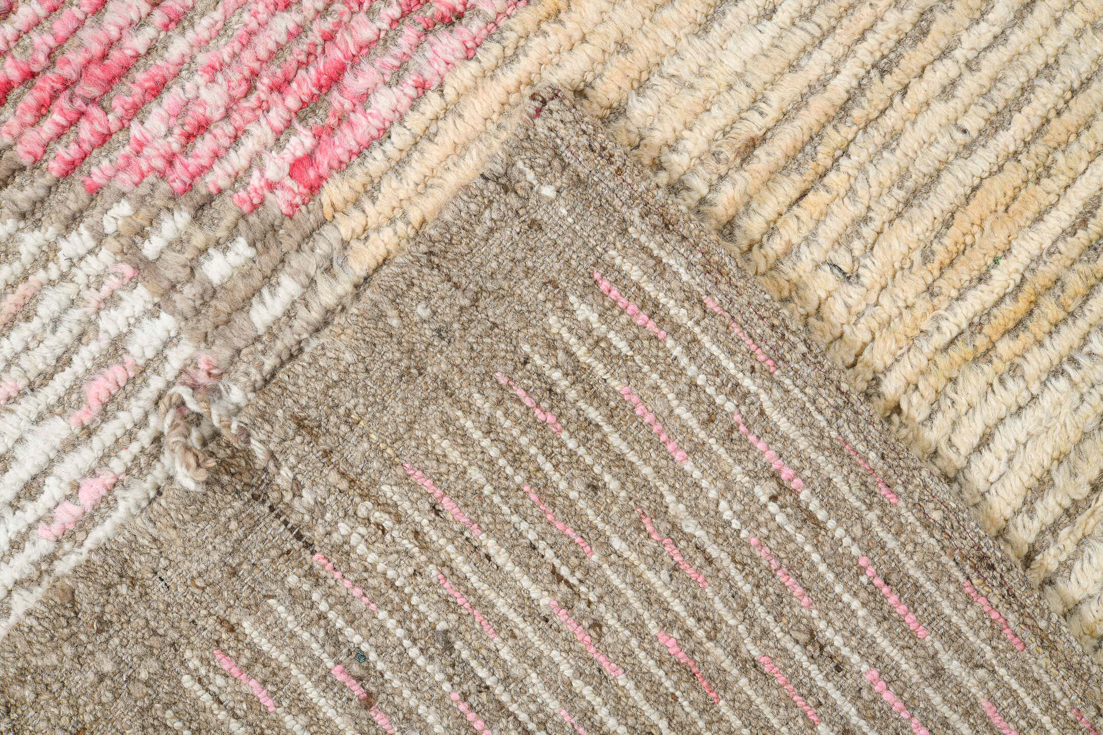 9' x 12' one-of-a-kind handmade vintage Tulu large size rug. Color palette: ivory, taupe, blush, beige, camel, rose