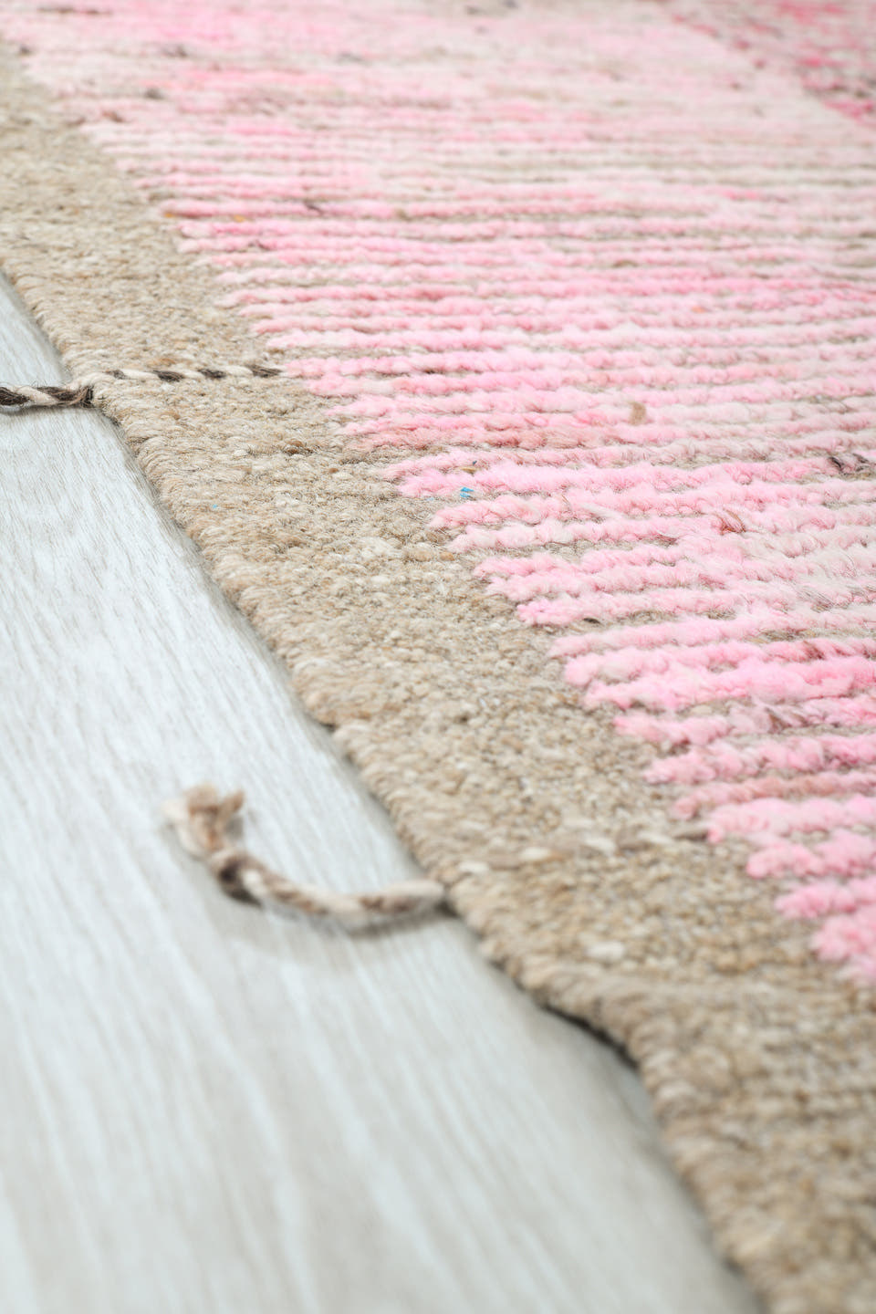 9' x 12' one-of-a-kind handmade vintage Tulu large size rug. Color palette: ivory, taupe, blush, beige, camel, rose