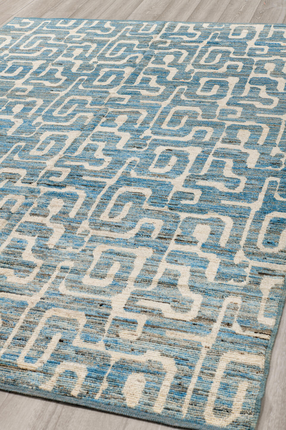 6' x 9' one-of-a-kind handmade vintage Tulu medium size rug. Color palette: sky blue, ivory, slate, cream, light blue, gray
