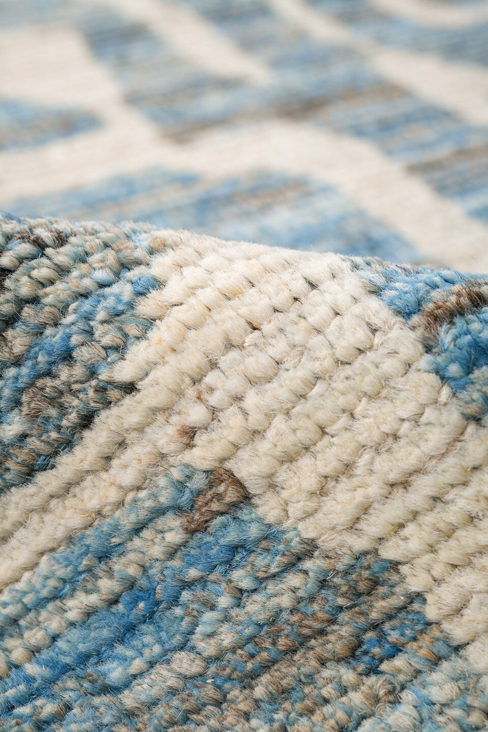 6' x 9' one-of-a-kind handmade vintage Tulu medium size rug. Color palette: sky blue, ivory, slate, cream, light blue, gray