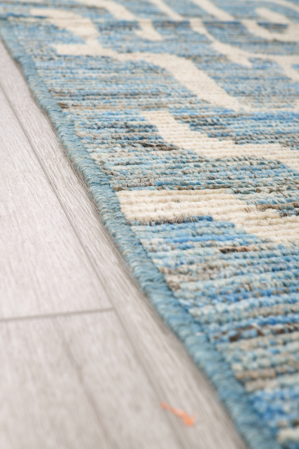 6' x 9' one-of-a-kind handmade vintage Tulu medium size rug. Color palette: sky blue, ivory, slate, cream, light blue, gray