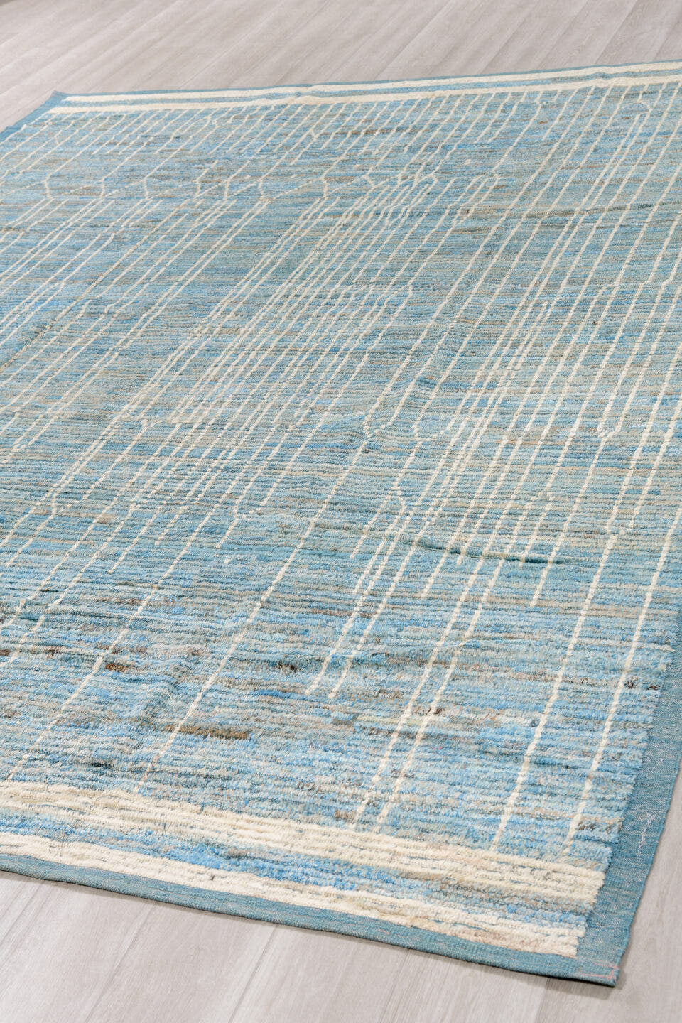 9' x 11' one-of-a-kind handmade vintage Tulu large size rug. Color palette: pale blue, ivory, cream, taupe, slate