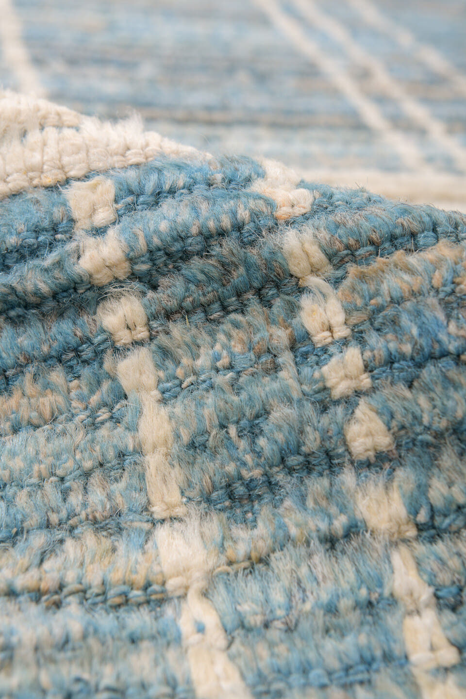 9' x 11' one-of-a-kind handmade vintage Tulu large size rug. Color palette: pale blue, ivory, cream, taupe, slate