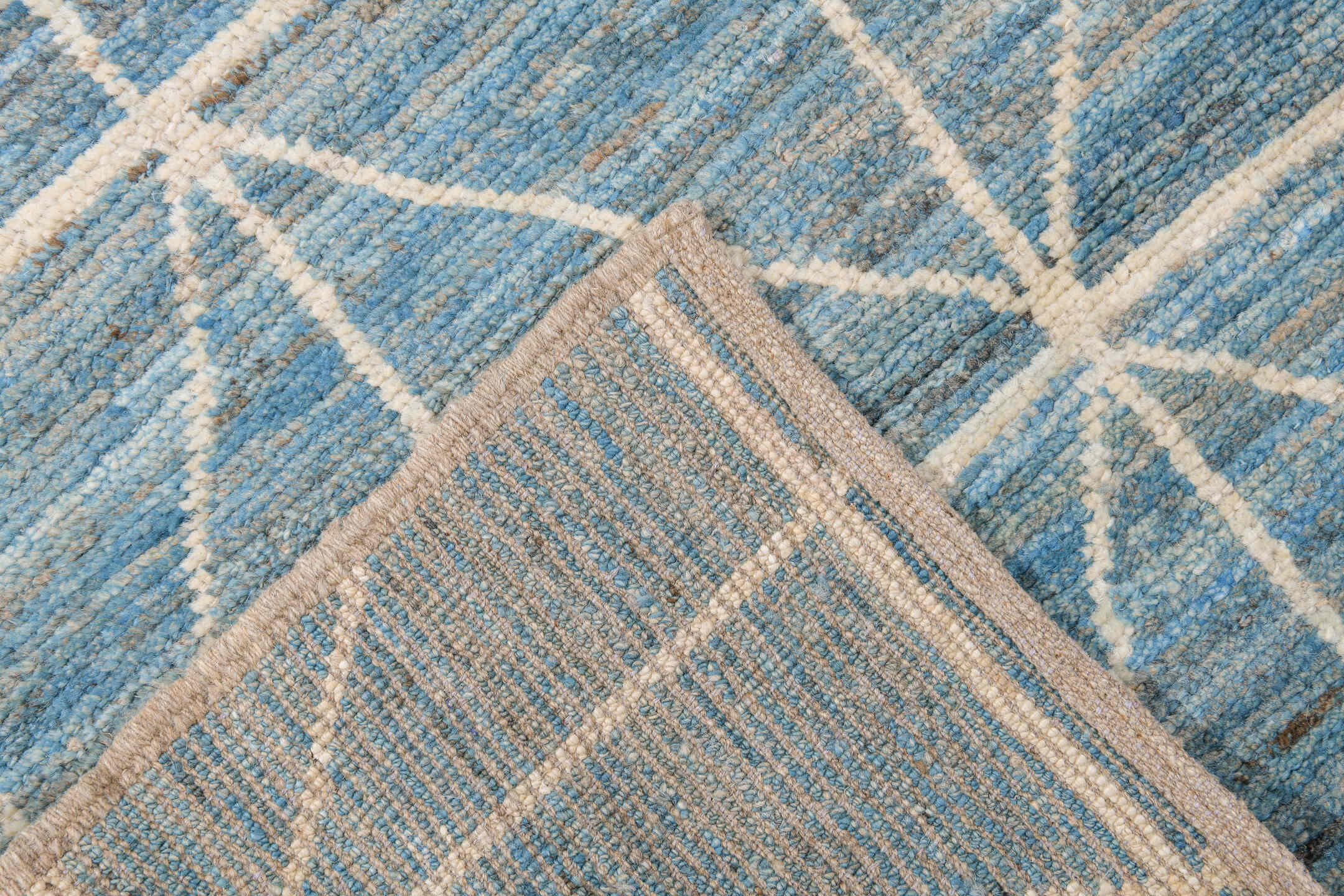 10' x 13' one-of-a-kind handmade vintage Tulu large size rug. Color palette: sky blue, ivory, cream, taupe, light blue