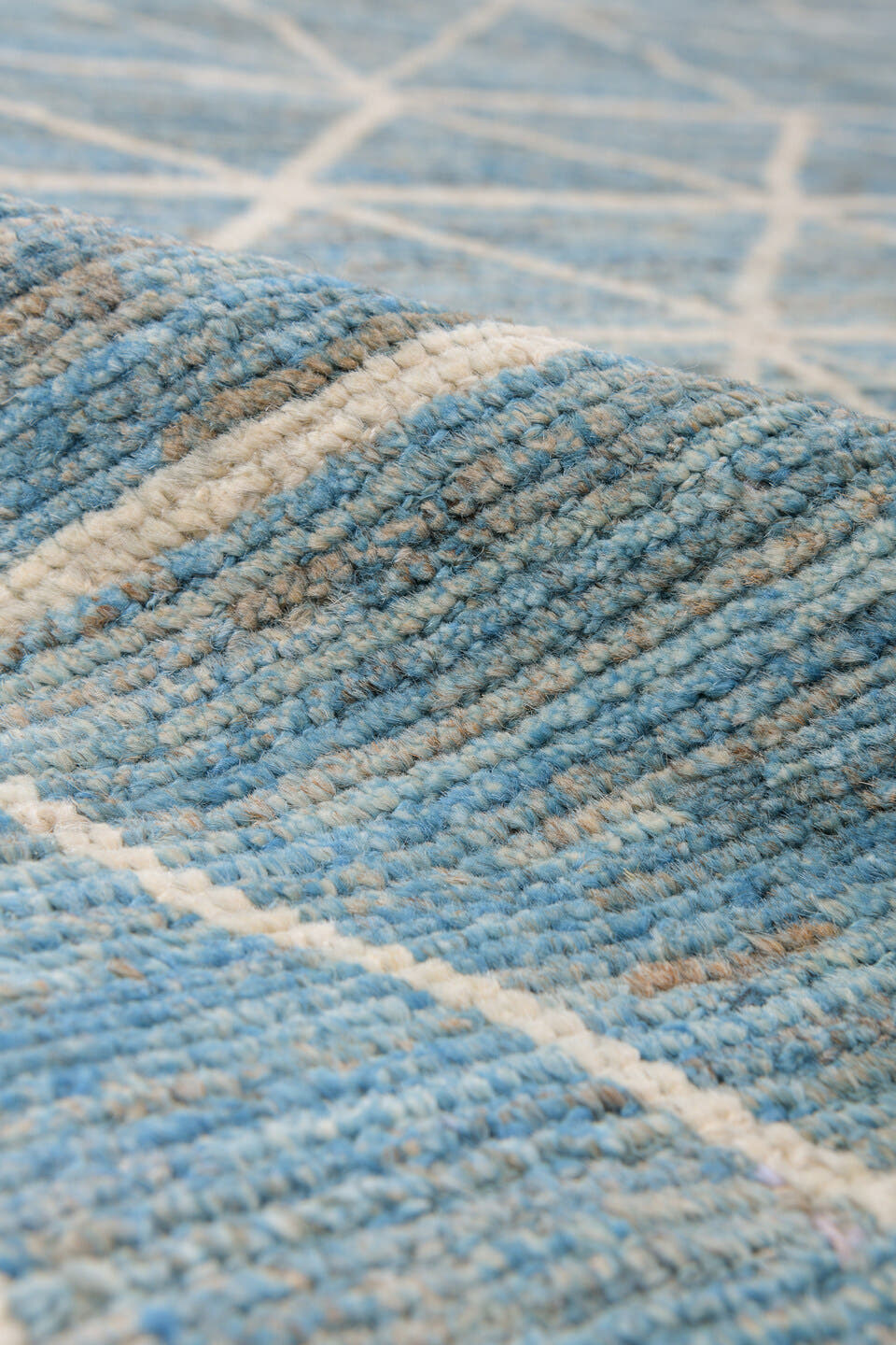 10' x 13' one-of-a-kind handmade vintage Tulu large size rug. Color palette: sky blue, ivory, cream, taupe, light blue