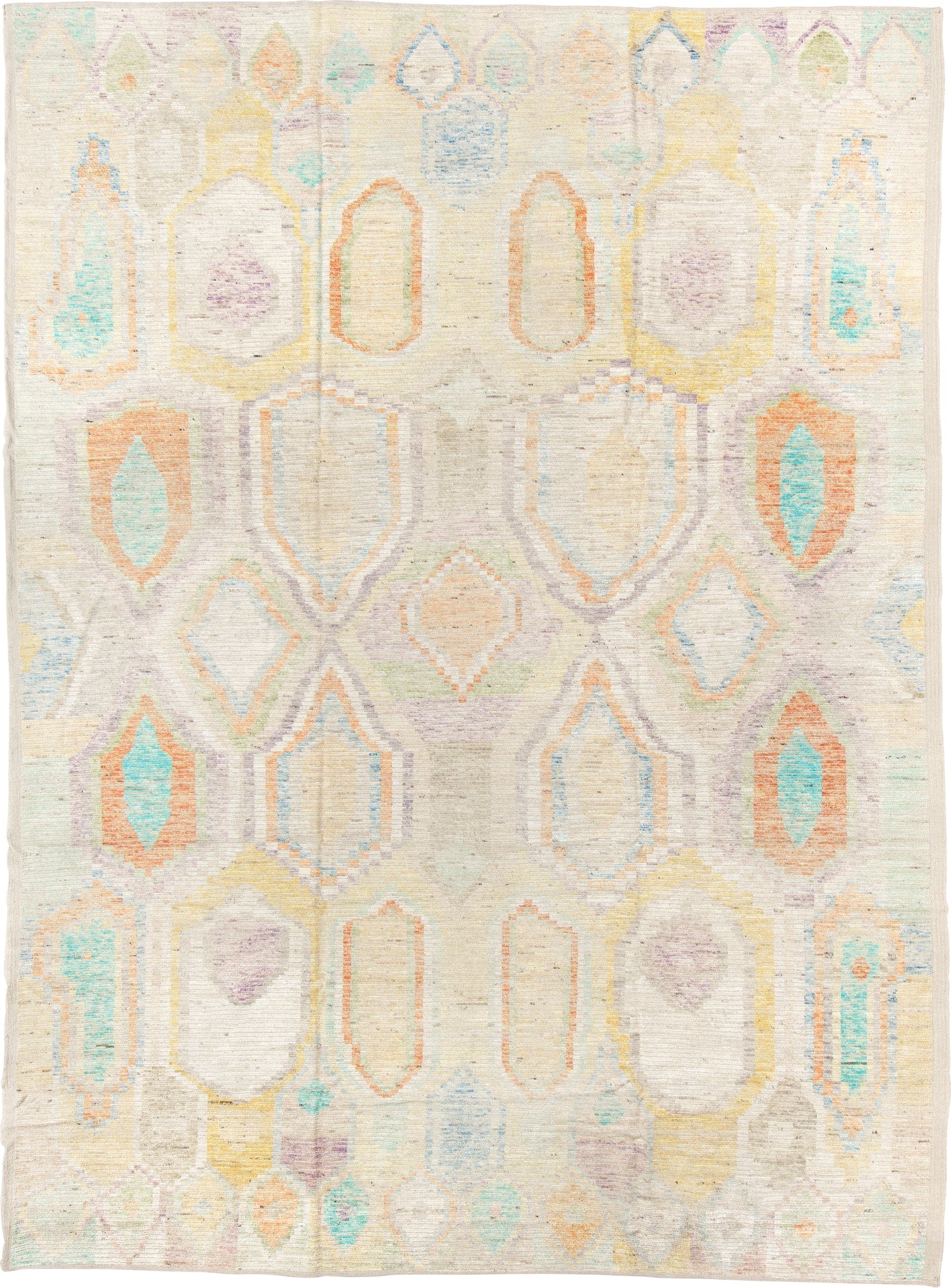 10' x 13' one-of-a-kind handmade vintage Tulu large size rug. Color palette: ivory, aqua, apricot, lavender, pale yellow