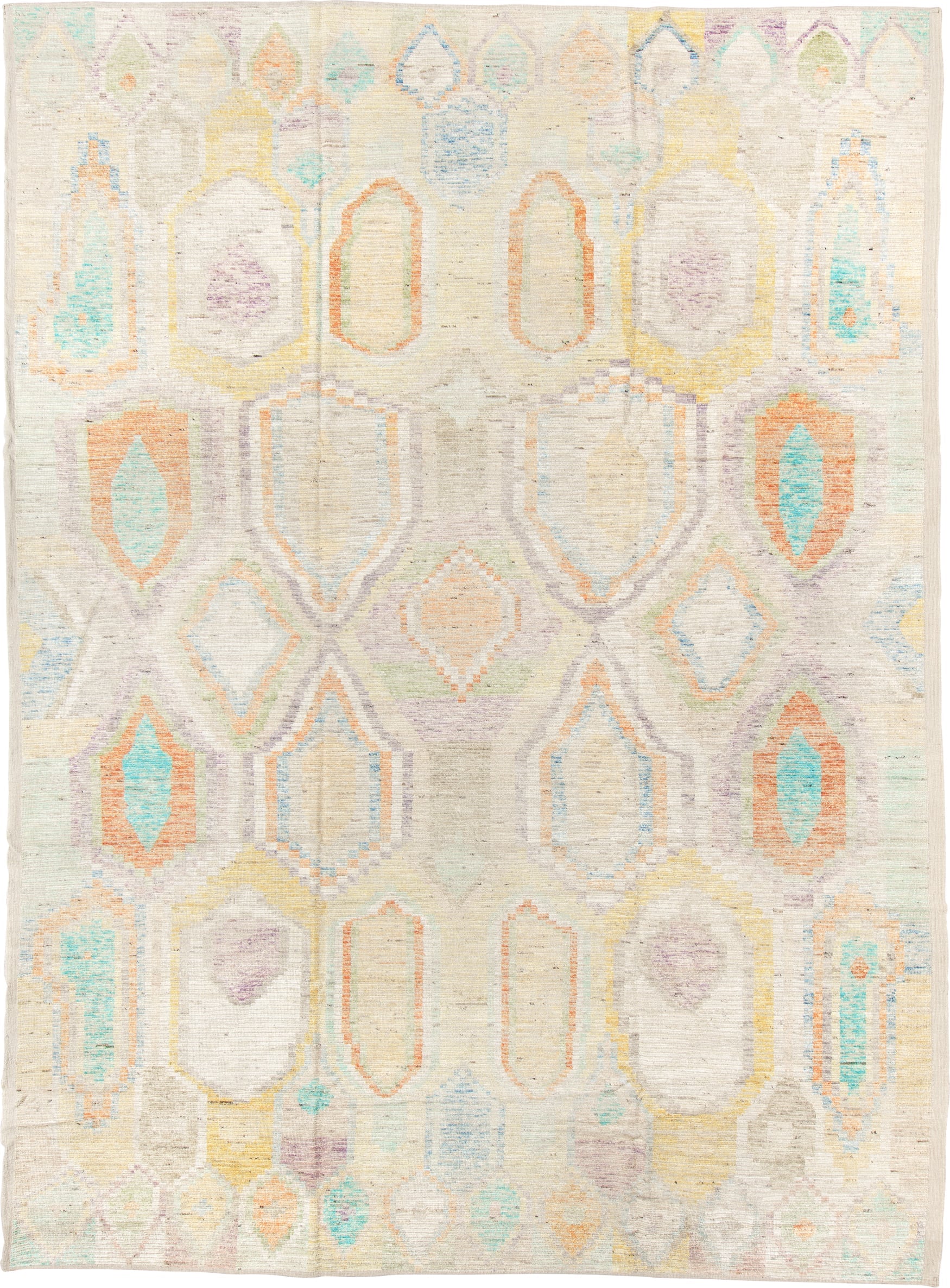 10' x 13' one-of-a-kind handmade vintage Tulu large size rug. Color palette: ivory, aqua, apricot, lavender, pale yellow