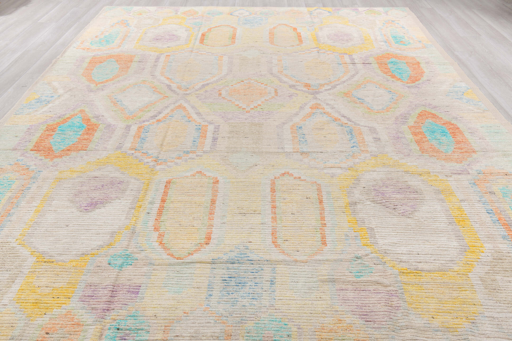 10' x 13' one-of-a-kind handmade vintage Tulu large size rug. Color palette: antiquewhite, blue, brown, gainsboro, gray