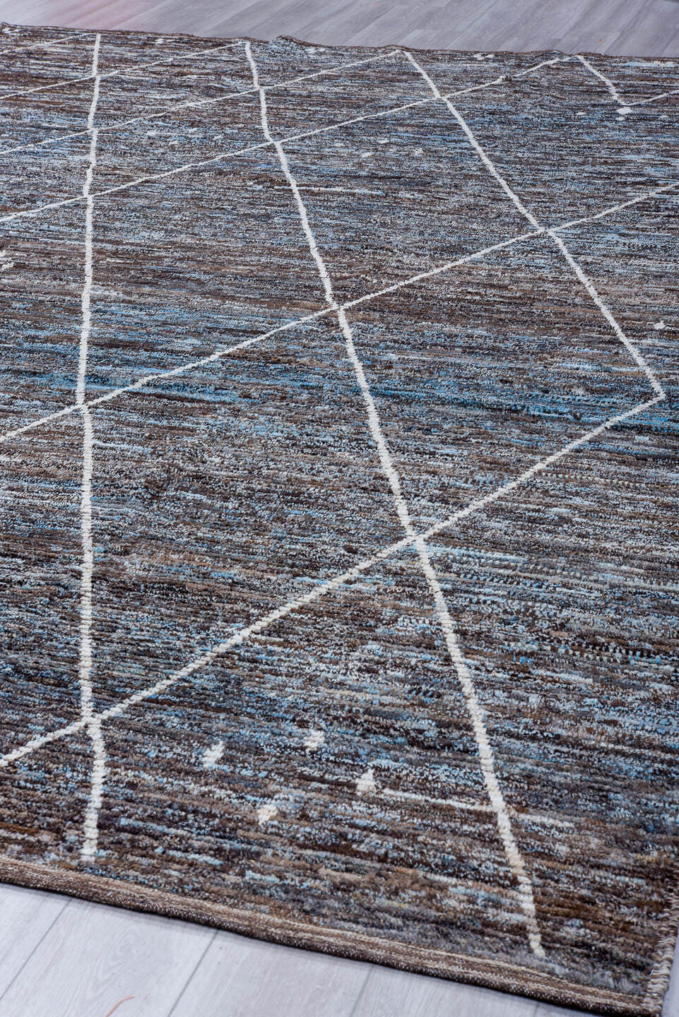 10' x 14' one-of-a-kind handmade vintage Tulu large size rug. Color palette: charcoal, brown, sky blue, ivory, slate, gray