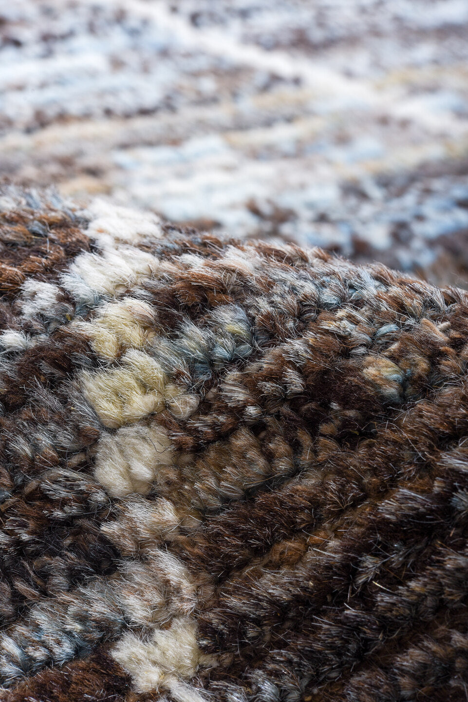 10' x 14' one-of-a-kind handmade vintage Tulu large size rug. Color palette: charcoal, brown, sky blue, ivory, slate, gray