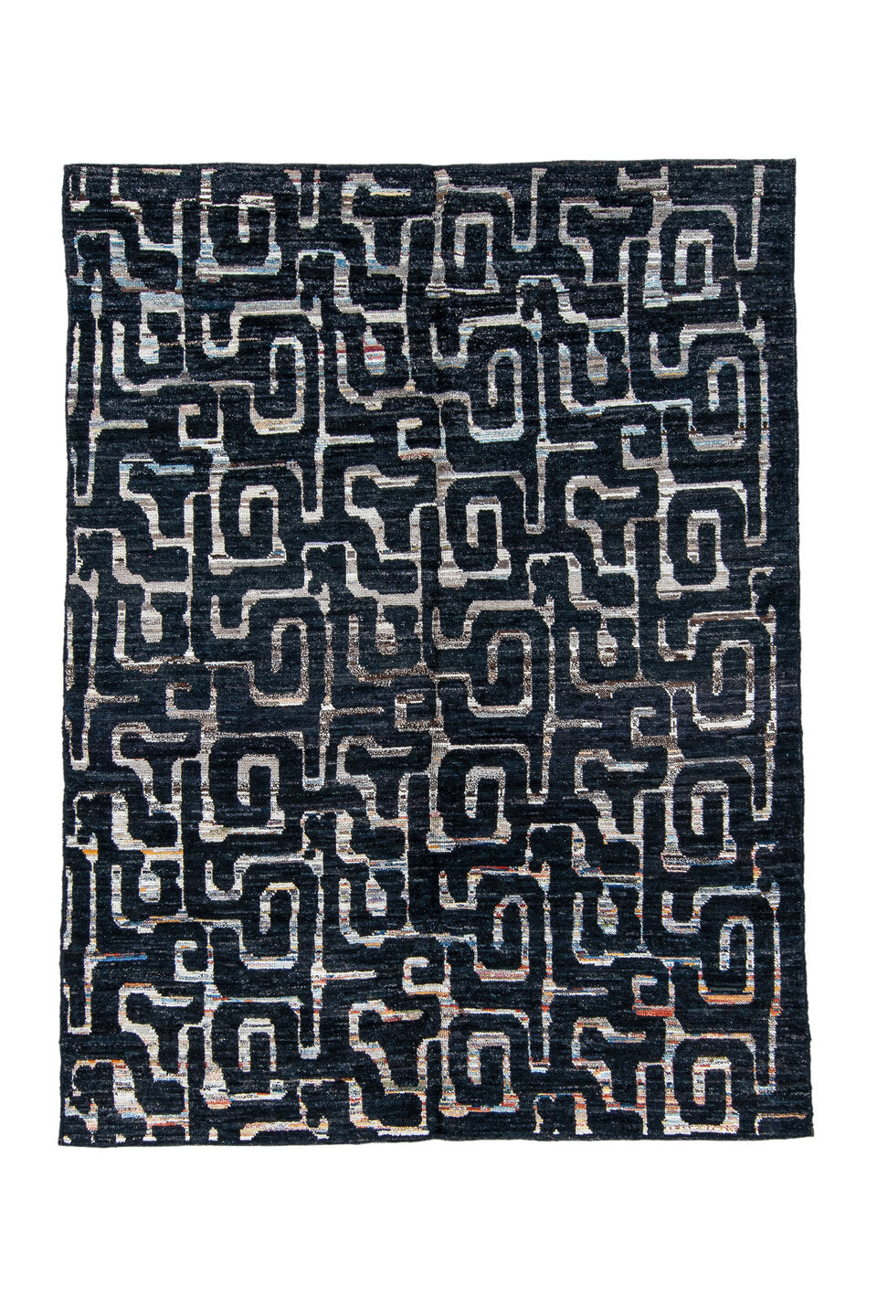 6' x 8' one-of-a-kind handmade vintage Tulu medium size rug. Color palette: black, blue, brown, charcoal, dark gray