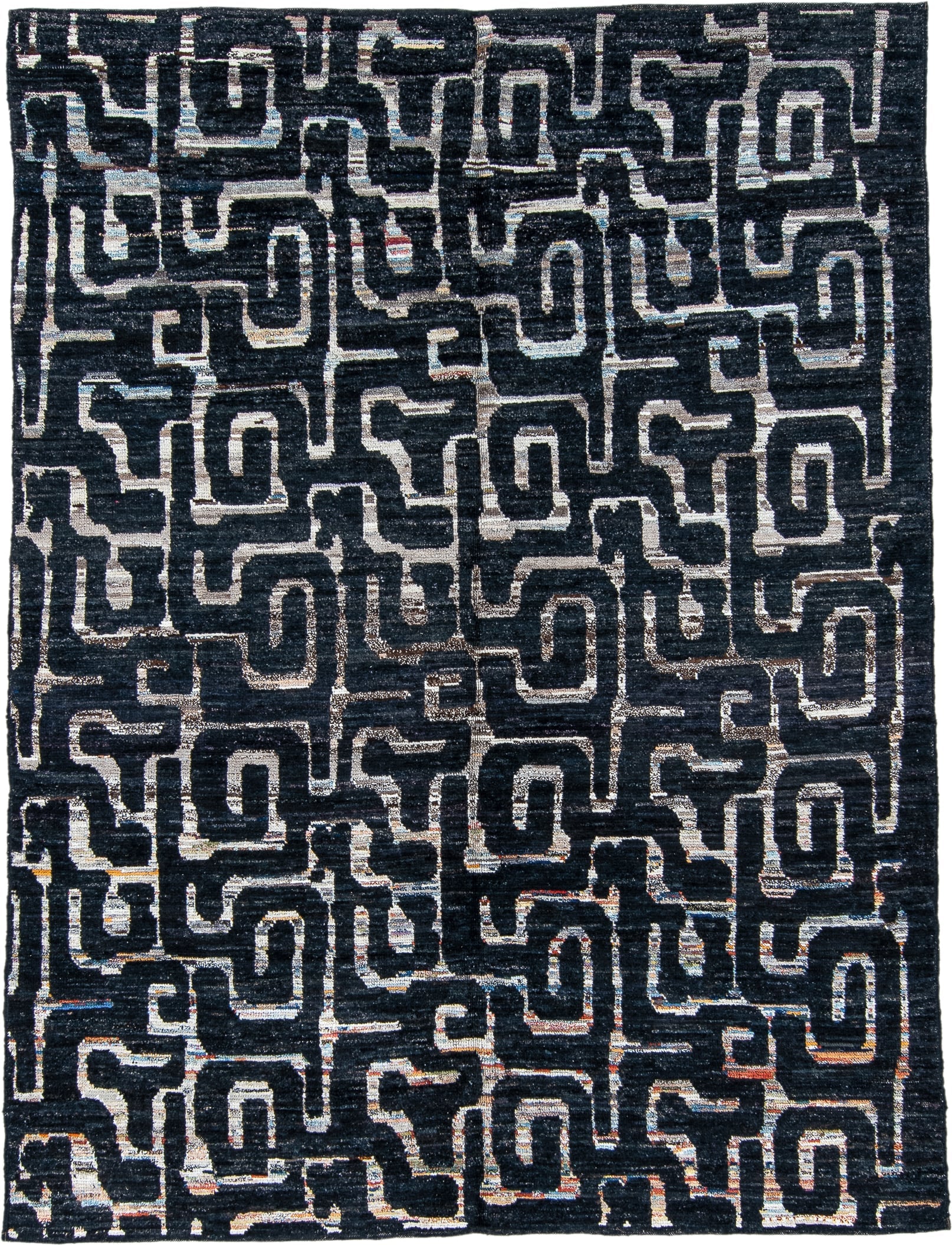 6' x 8' one-of-a-kind handmade vintage Tulu medium size rug. Color palette: charcoal, ivory, slate, taupe, rust, navy, gray