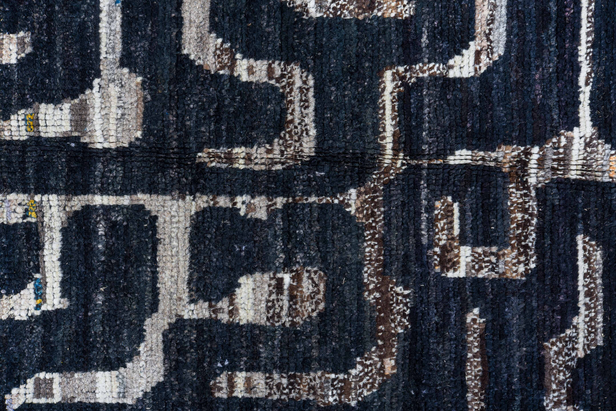 6' x 8' one-of-a-kind handmade vintage Tulu medium size rug. Color palette: black, blue, brown, charcoal, dark gray