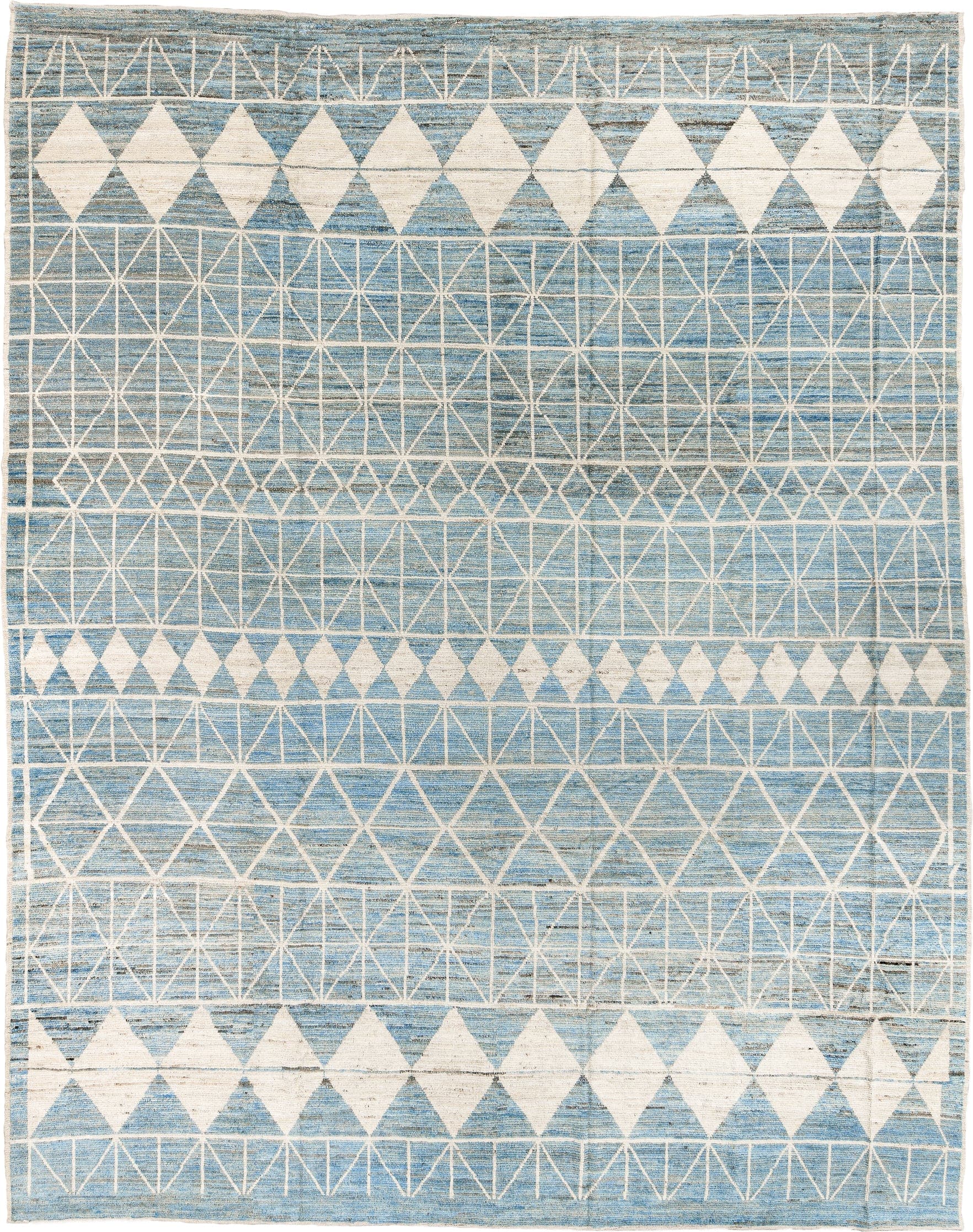 11' x 14' one-of-a-kind handmade vintage Tulu oversize rug. Color palette: sky blue, ivory, cream, pale blue, light blue