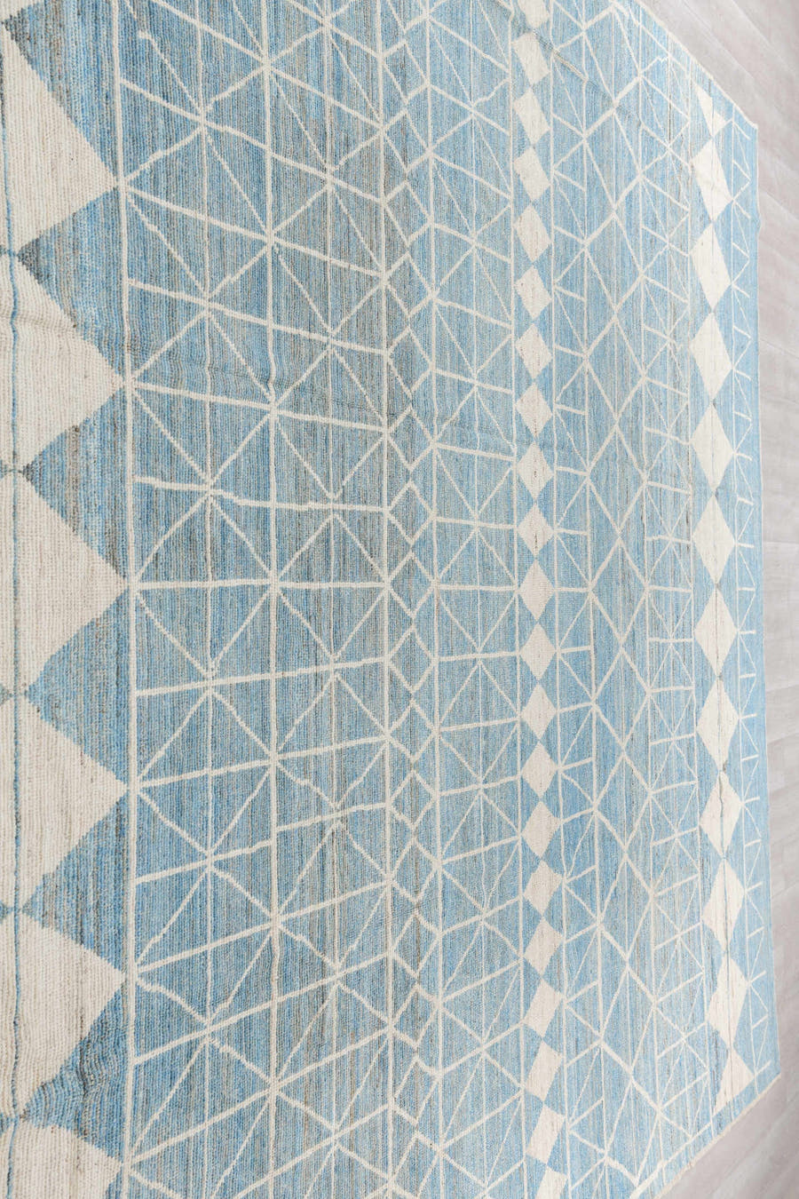 11' x 14' one-of-a-kind handmade vintage Tulu oversize rug. Color palette: sky blue, ivory, cream, pale blue, light blue