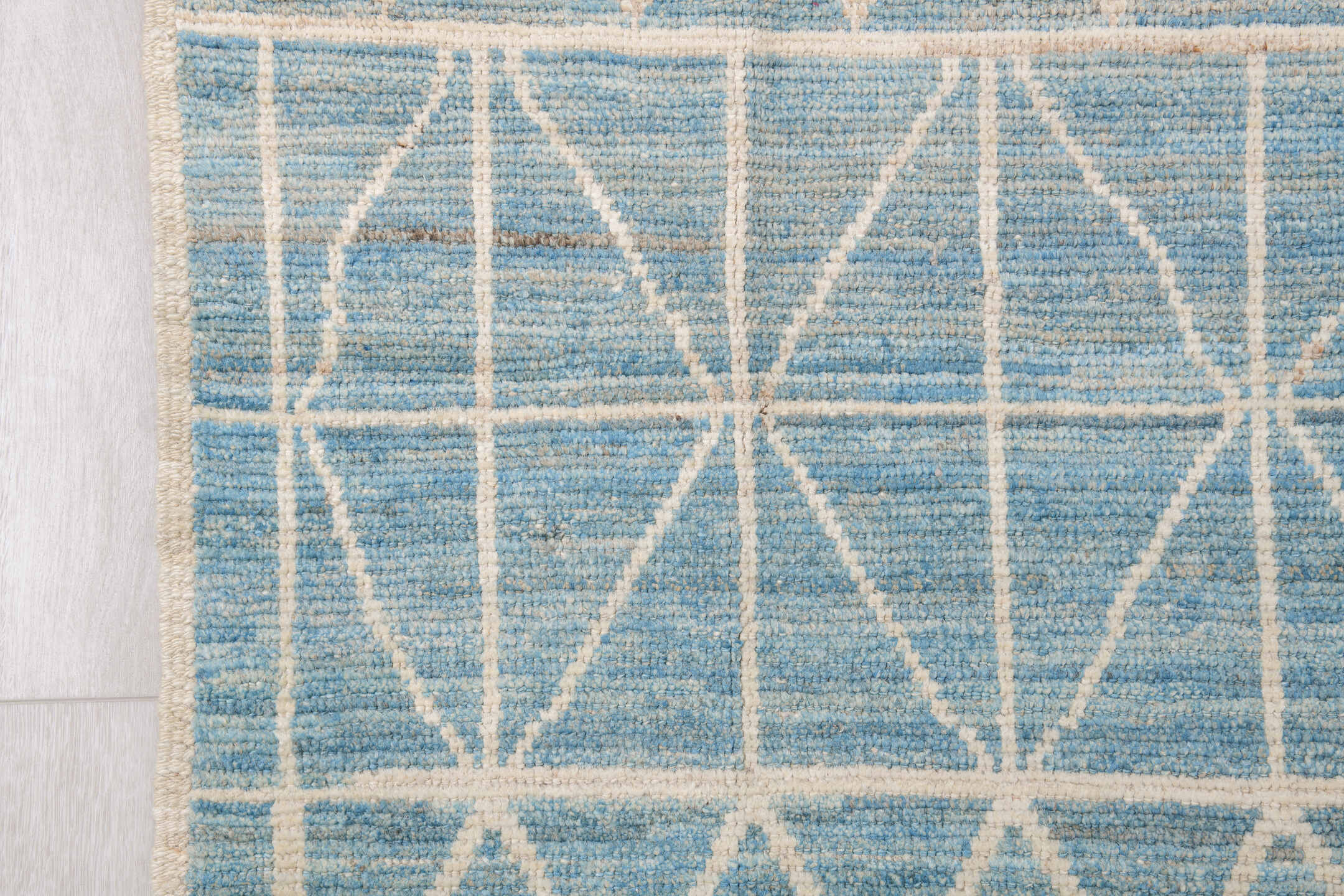 11' x 14' one-of-a-kind handmade vintage Tulu oversize rug. Color palette: sky blue, ivory, cream, pale blue, light blue