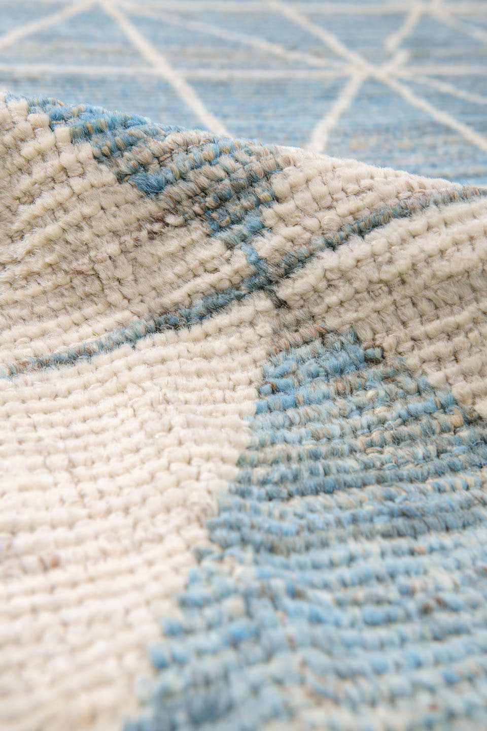 11' x 14' one-of-a-kind handmade vintage Tulu oversize rug. Color palette: sky blue, ivory, cream, pale blue, light blue