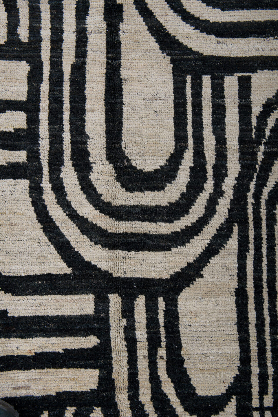 6' x 9' one-of-a-kind handmade vintage Tulu medium size rug. Color palette: ivory, charcoal, gray, black