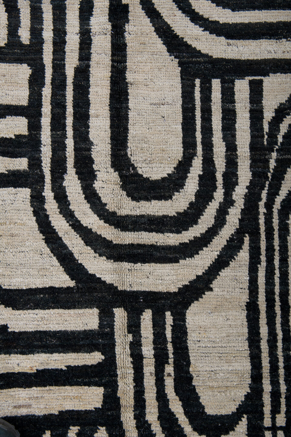 6' x 9' one-of-a-kind handmade vintage Tulu medium size rug. Color palette: ivory, charcoal, gray, black