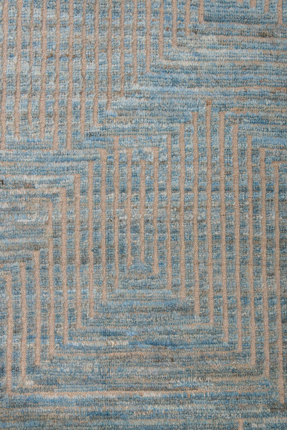 9' x 12' one-of-a-kind handmade vintage Tulu large size rug. Color palette: sky blue, ivory, taupe, beige, gray, light blue