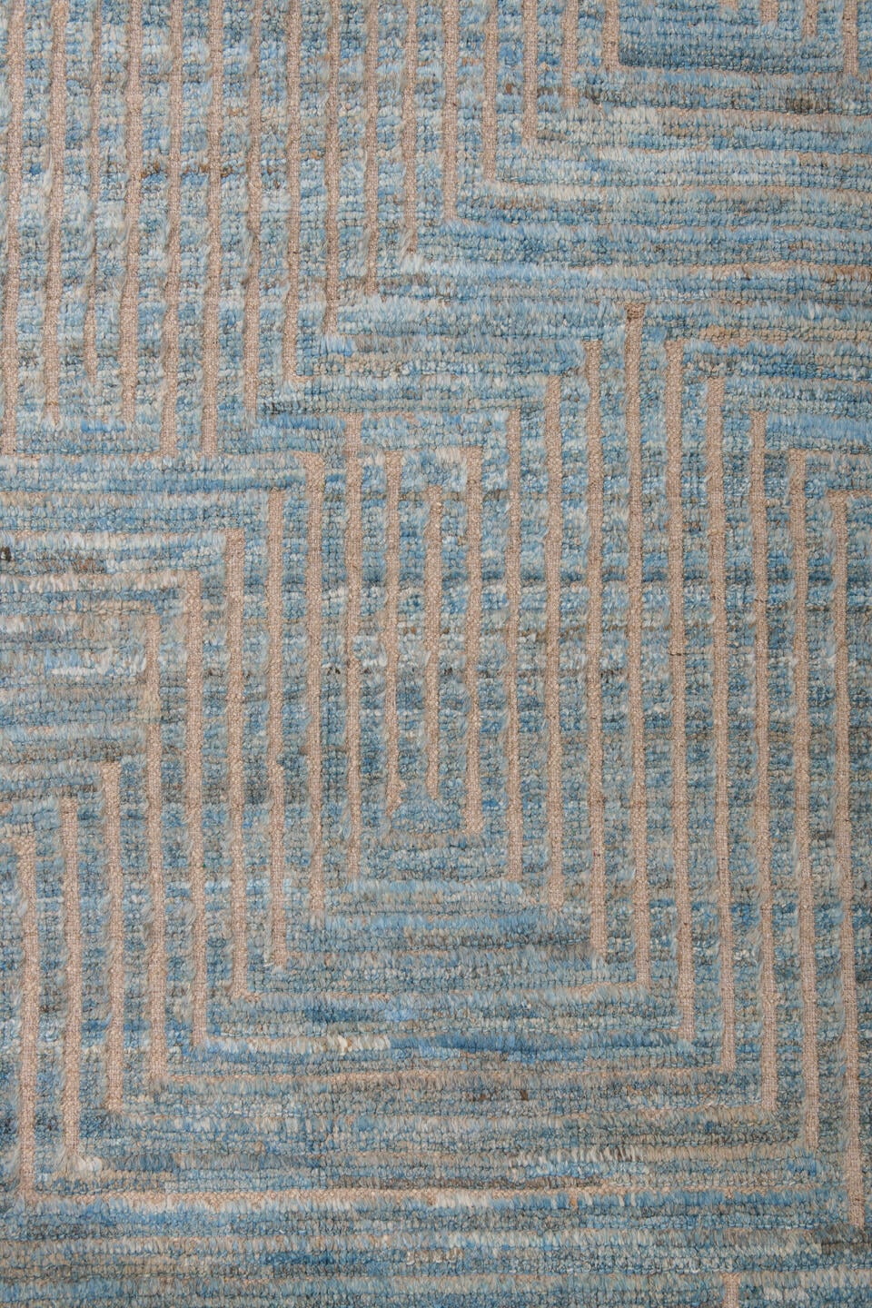9' x 12' one-of-a-kind handmade vintage Tulu large size rug. Color palette: sky blue, ivory, taupe, beige, gray, light blue